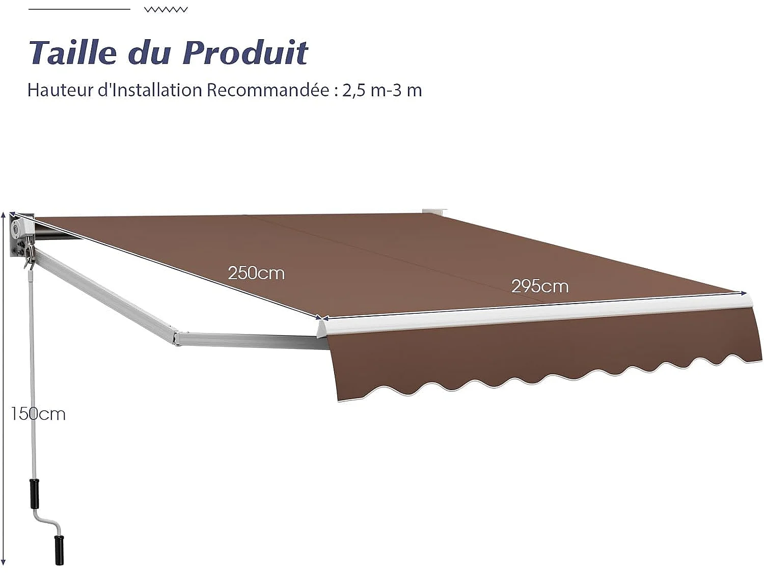 Store Banne Manuel Rétractable de 295 x 250CM Angle Ajustable 40°-100°, Auvent de Terrasse en Aluminium Manivelle Tissu Résistant aux UV et Eau (Marron)