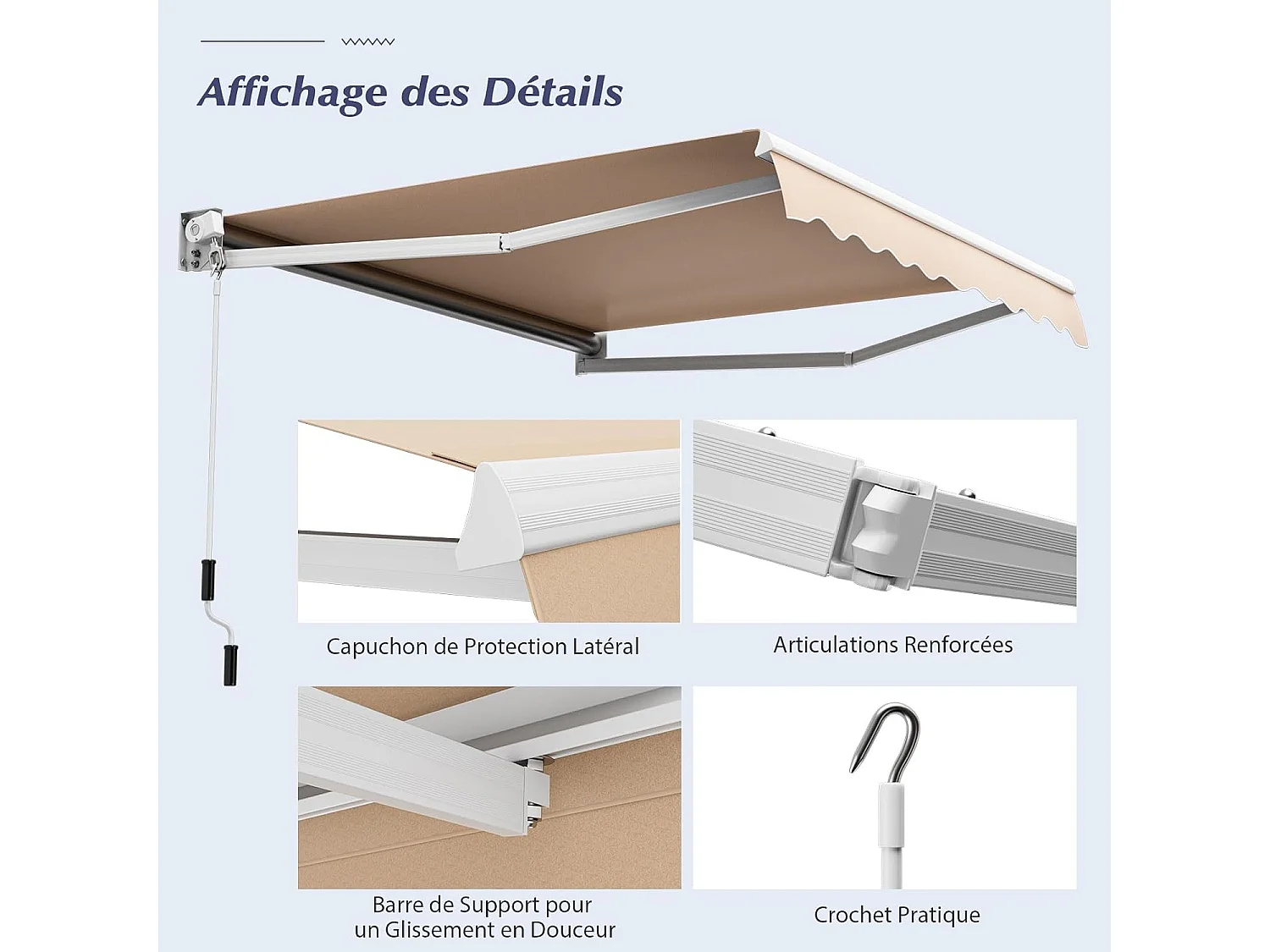 Store Banne Manuel Rétractable de 295 x 250CM Angle Ajustable 40°-100°, Auvent de Terrasse en Aluminium Manivelle Tissu Résistant aux UV et Eau (Marron)