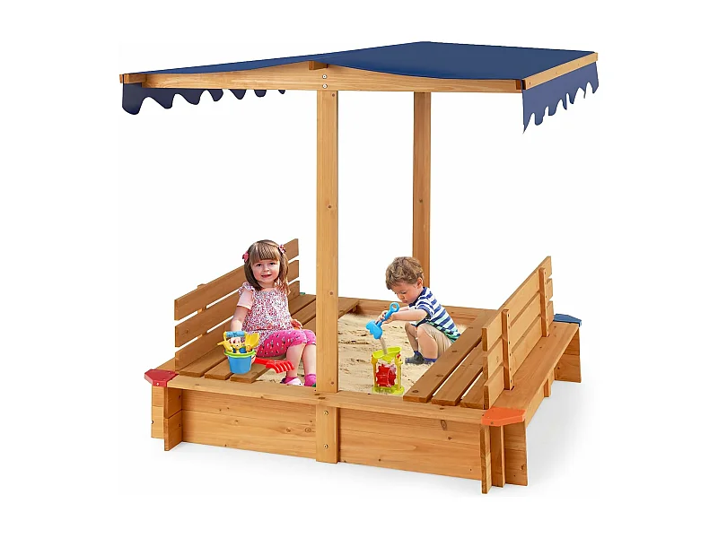 Zandbak met dak, 120 x 120 cm, zandbak van cederhout, grote zandbak met 2 zitbanken, incl. vloerbekleding, vloerloos design, zithoogte 21 cm