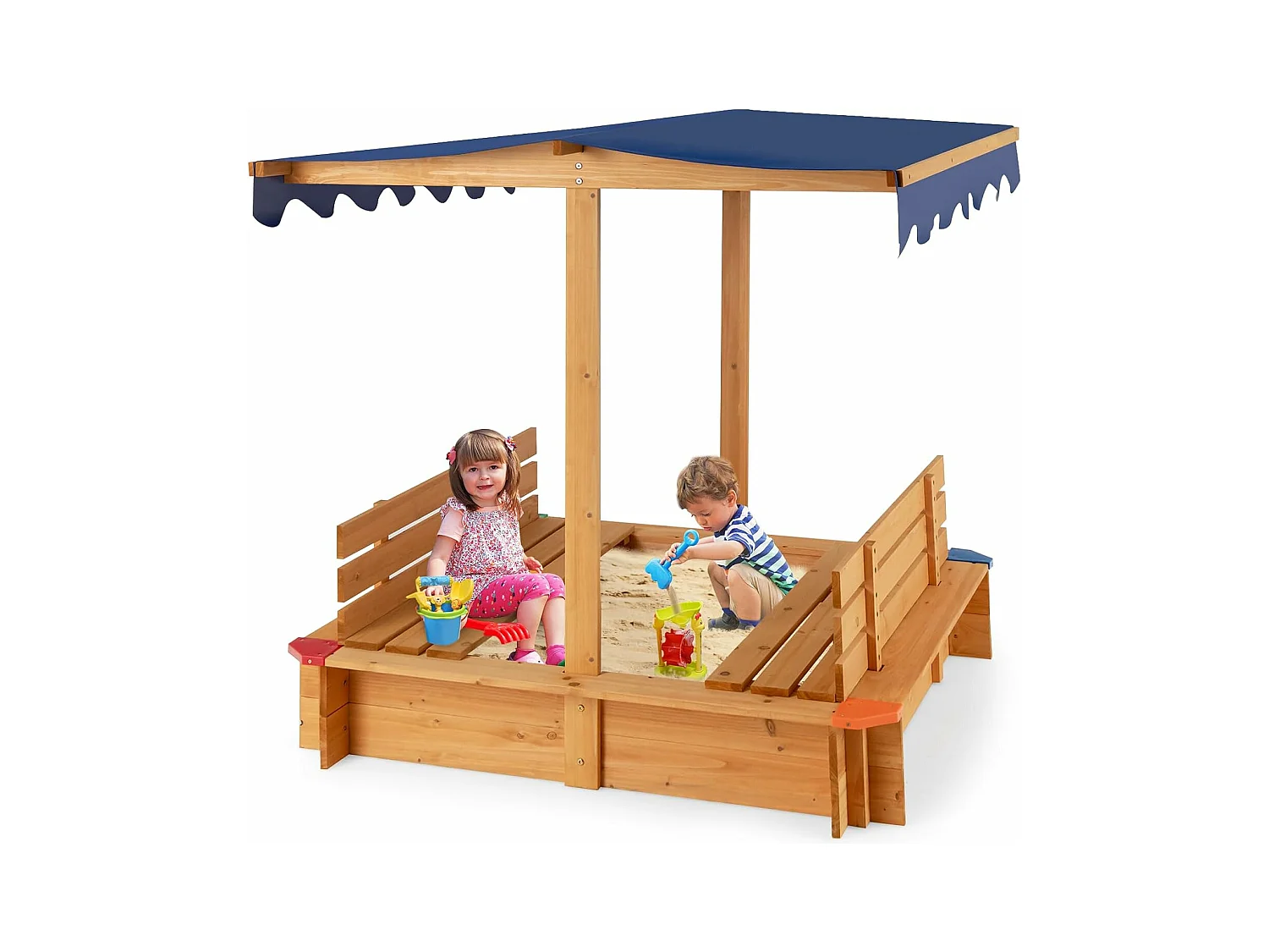 Bac à Sable en Bois de Sapin avec Toit & 2 Bancs, Bac à Sable Extérieur avec Conception sans Fond & Doublure, Charge 60kg pour 3 Ans+, 111 x 111 x 121 cm