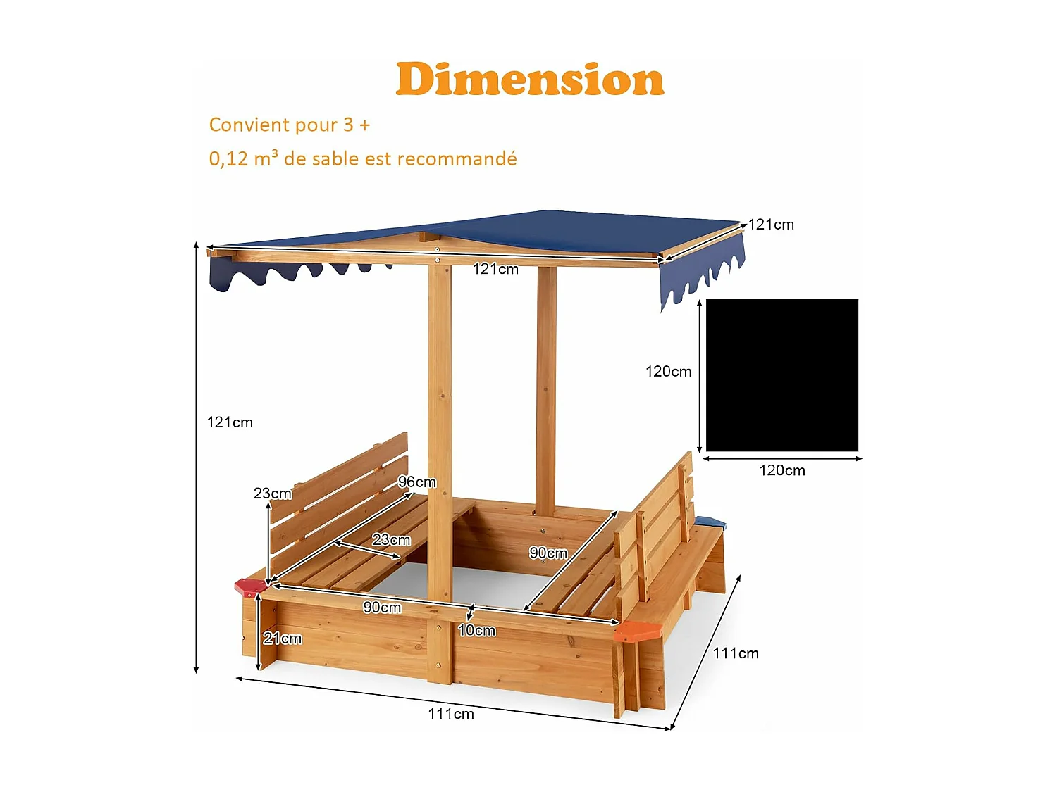 Bac à Sable en Bois de Sapin avec Toit & 2 Bancs, Bac à Sable Extérieur avec Conception sans Fond & Doublure, Charge 60kg pour 3 Ans+, 111 x 111 x 121 cm