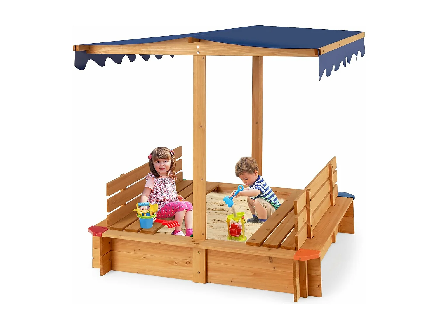 Bac à Sable en Bois de Sapin avec Toit & 2 Bancs, Bac à Sable Extérieur avec Conception sans Fond & Doublure, Charge 60kg pour 3 Ans+, 111 x 111 x 121 cm