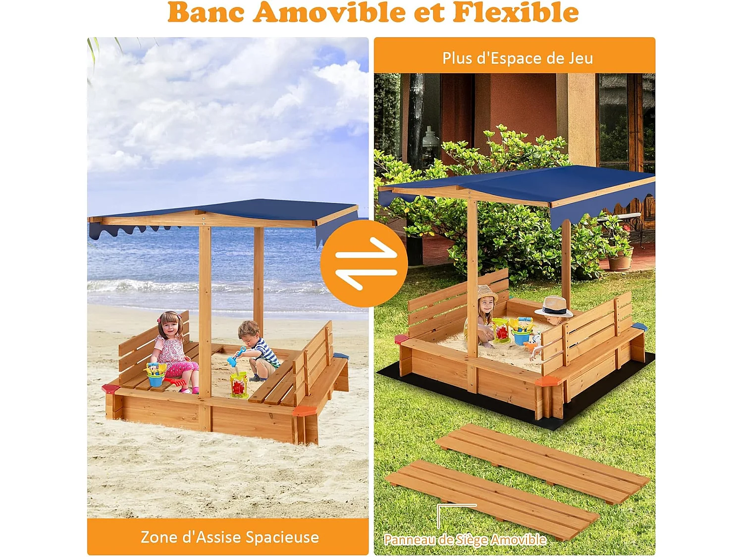 Bac à Sable en Bois de Sapin avec Toit & 2 Bancs, Bac à Sable Extérieur avec Conception sans Fond & Doublure, Charge 60kg pour 3 Ans+, 111 x 111 x 121 cm