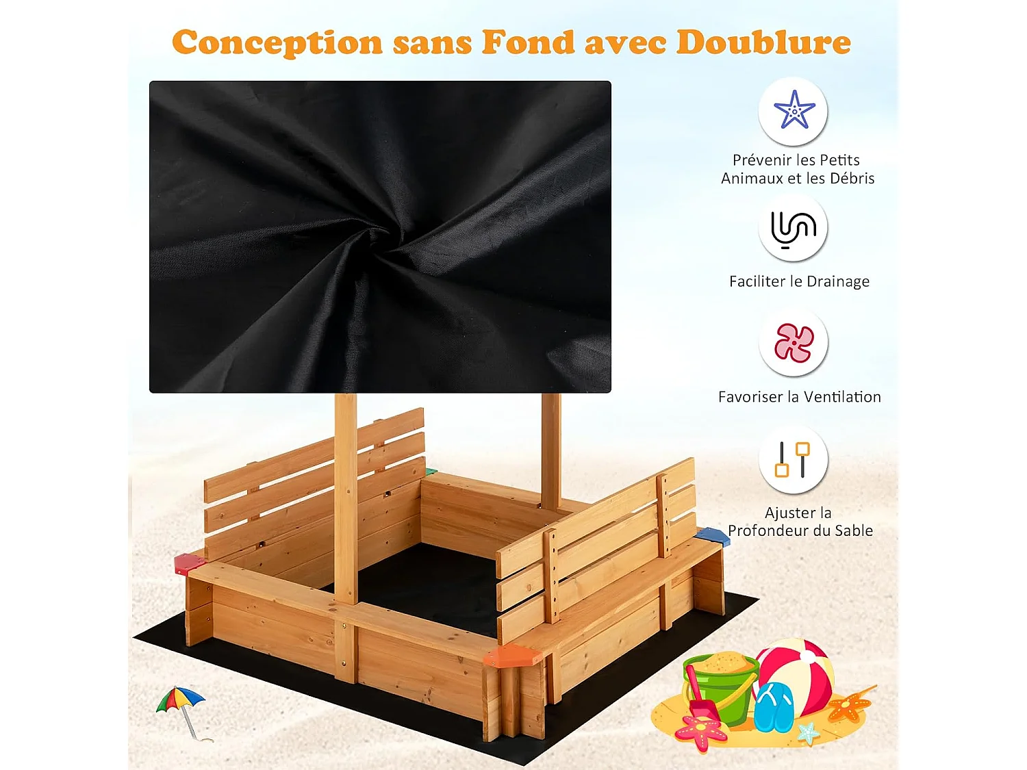 Bac à Sable en Bois de Sapin avec Toit & 2 Bancs, Bac à Sable Extérieur avec Conception sans Fond & Doublure, Charge 60kg pour 3 Ans+, 111 x 111 x 121 cm