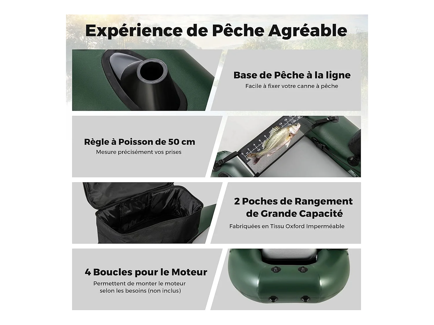 Bateau de Pêche Gonflable avec 3 Chambres, Bateau Gonflable avec Règle à Poisson 2 Poches de Rangement Pompe, Sac de Transport Boucles de Moteur, Charge 100 KG