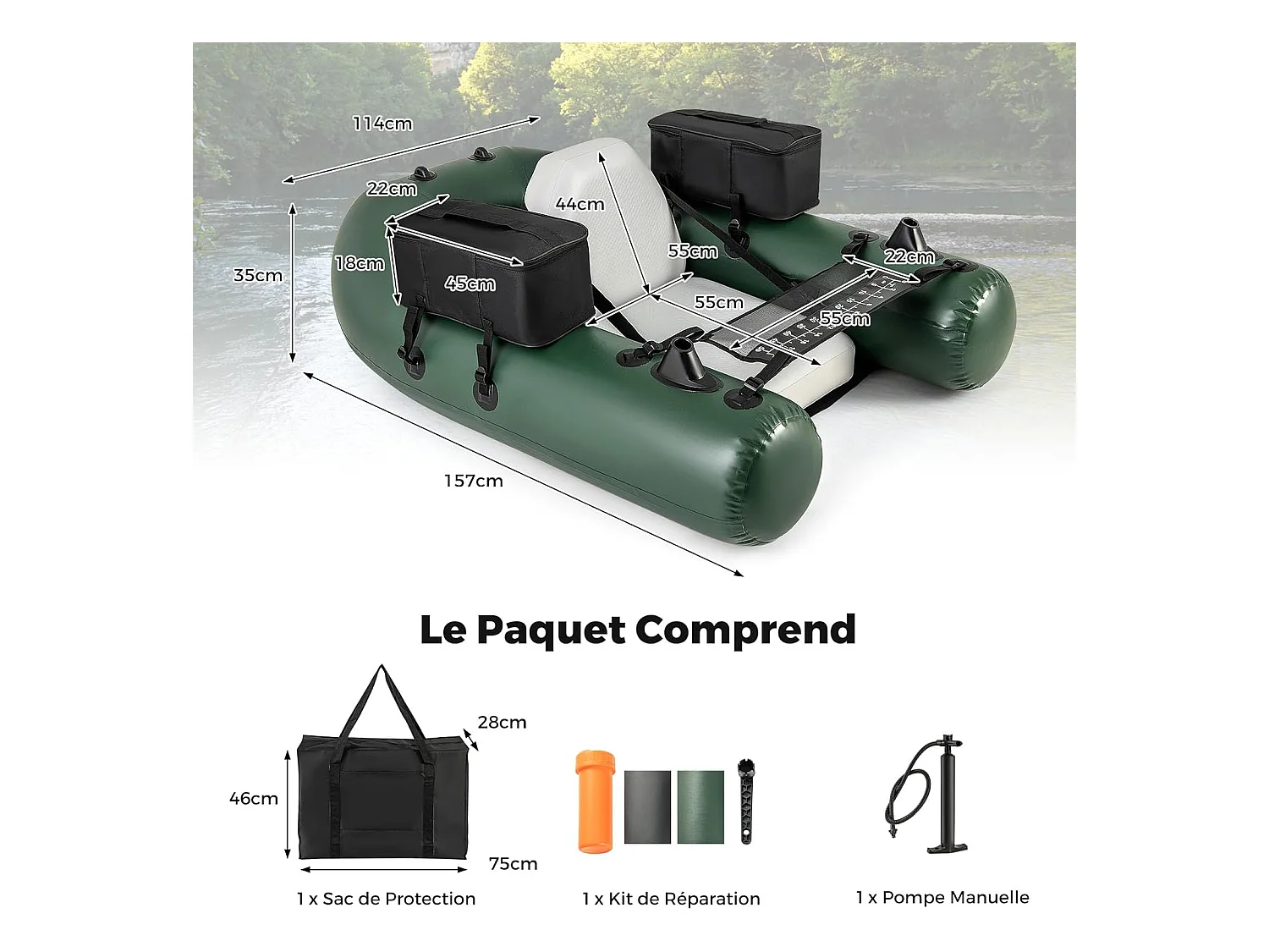 Bateau de Pêche Gonflable avec 3 Chambres, Bateau Gonflable avec Règle à Poisson 2 Poches de Rangement Pompe, Sac de Transport Boucles de Moteur, Charge 100 KG