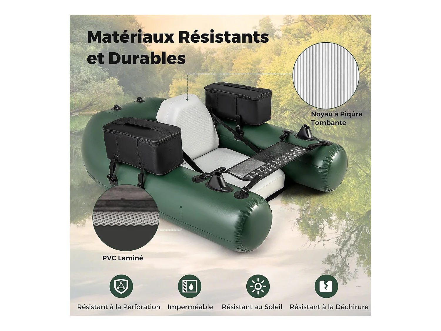 Bateau de Pêche Gonflable avec 3 Chambres, Bateau Gonflable avec Règle à Poisson 2 Poches de Rangement Pompe, Sac de Transport Boucles de Moteur, Charge 100 KG