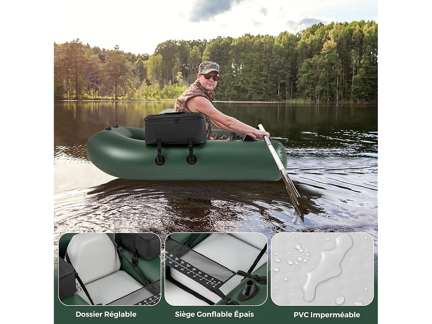 Bateau de Pêche Gonflable avec 3 Chambres, Bateau Gonflable avec Règle à Poisson 2 Poches de Rangement Pompe, Sac de Transport Boucles de Moteur, Charge 100 KG