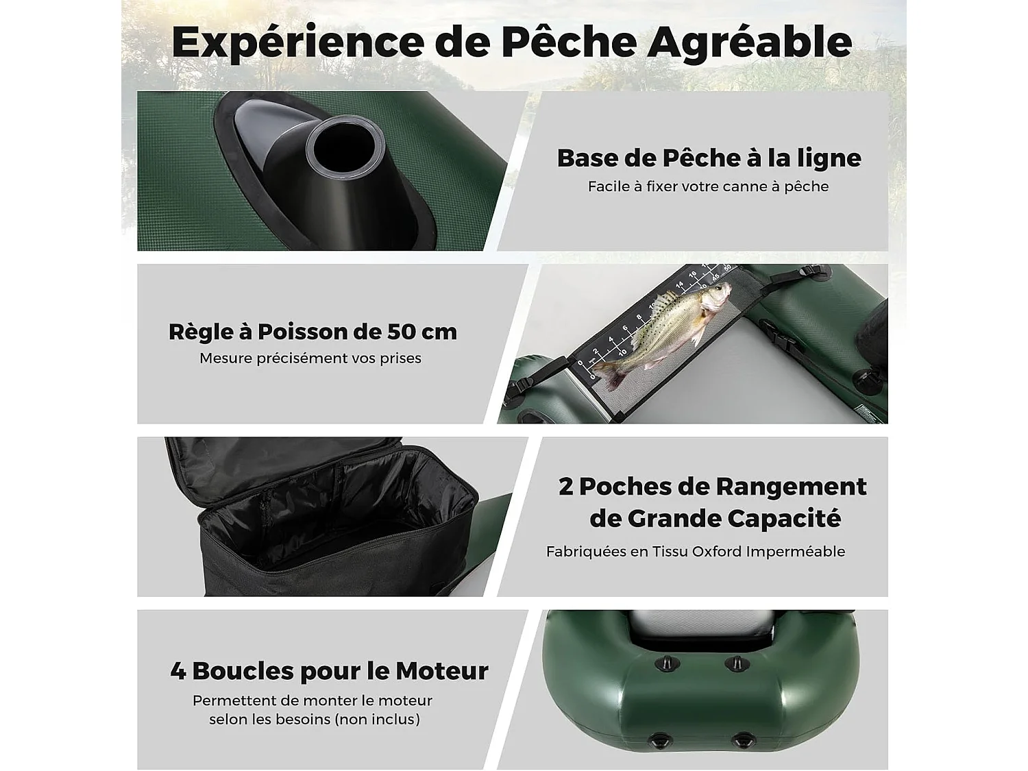 Bateau de Pêche Gonflable avec 3 Chambres, Bateau Gonflable avec Règle à Poisson 2 Poches de Rangement Pompe, Sac de Transport Boucles de Moteur, Charge 100 KG