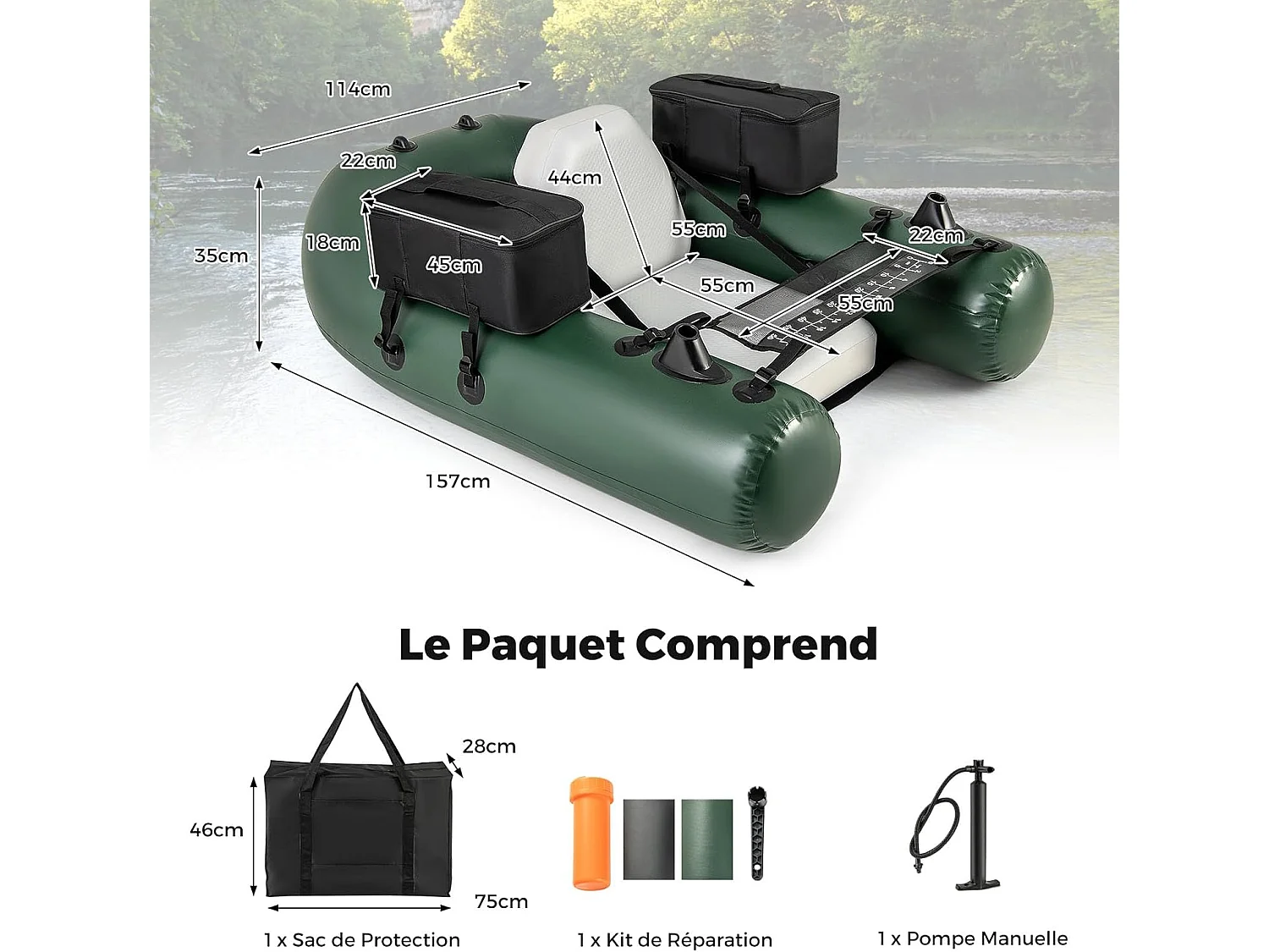 Bateau de Pêche Gonflable avec 3 Chambres, Bateau Gonflable avec Règle à Poisson 2 Poches de Rangement Pompe, Sac de Transport Boucles de Moteur, Charge 100 KG