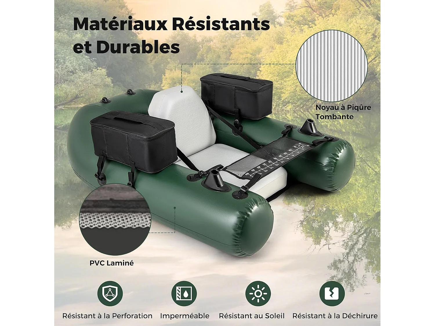 Bateau de Pêche Gonflable avec 3 Chambres, Bateau Gonflable avec Règle à Poisson 2 Poches de Rangement Pompe, Sac de Transport Boucles de Moteur, Charge 100 KG