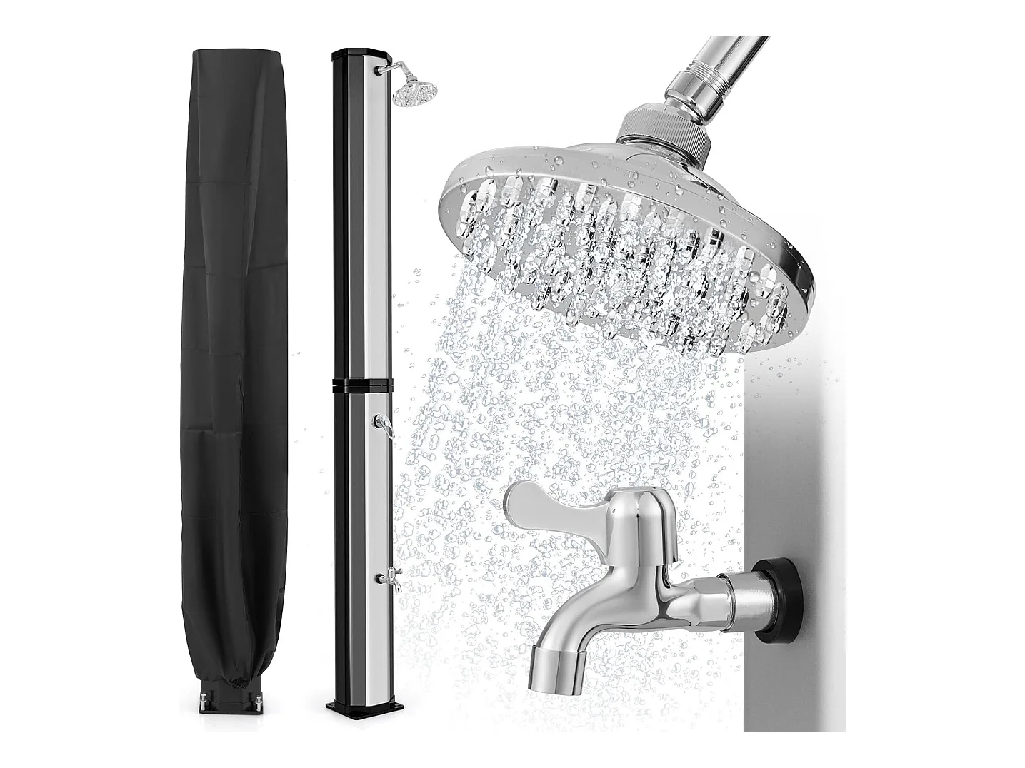 Douche Solaire d’Extérieur 60 L, Douche de Jardin à Chauffage 227 cm avec Pivotant Robinet pour Les Pieds Housse de Protection, pour Piscine Plage Jardin (Argenté)