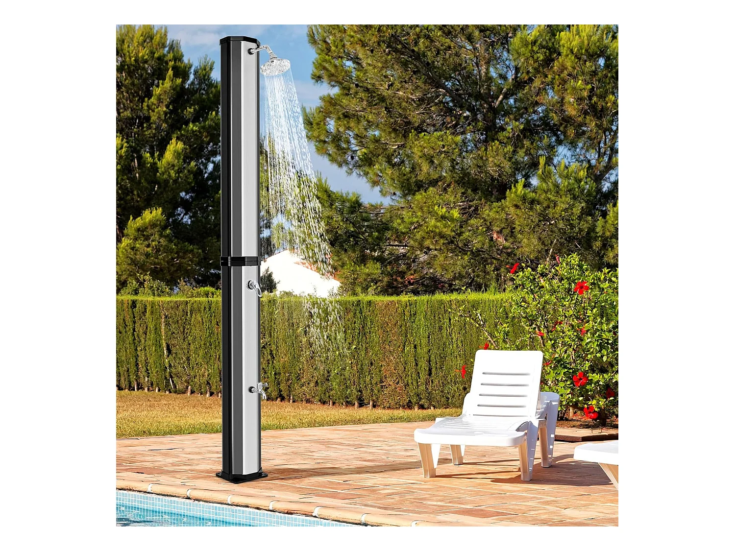 Douche Solaire d’Extérieur 60 L, Douche de Jardin à Chauffage 227 cm avec Pivotant Robinet pour Les Pieds Housse de Protection, pour Piscine Plage Jardin (Argenté)