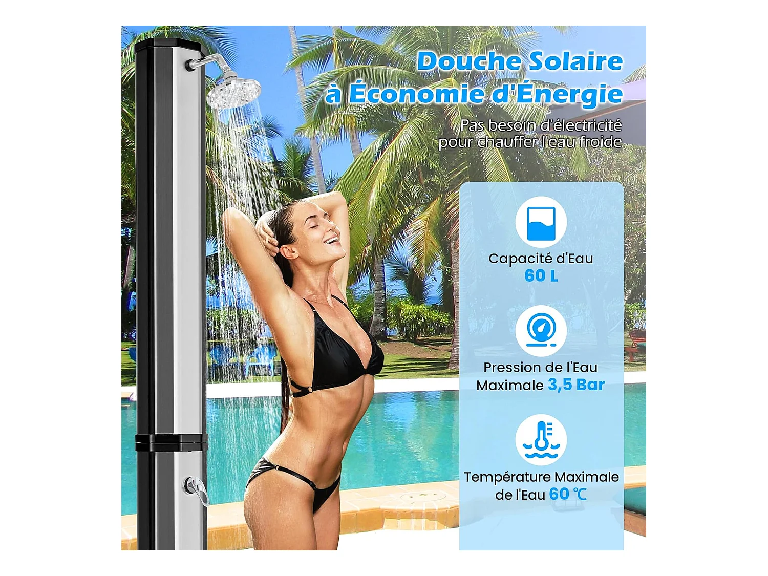 Douche Solaire d’Extérieur 60 L, Douche de Jardin à Chauffage 227 cm avec Pivotant Robinet pour Les Pieds Housse de Protection, pour Piscine Plage Jardin (Argenté)
