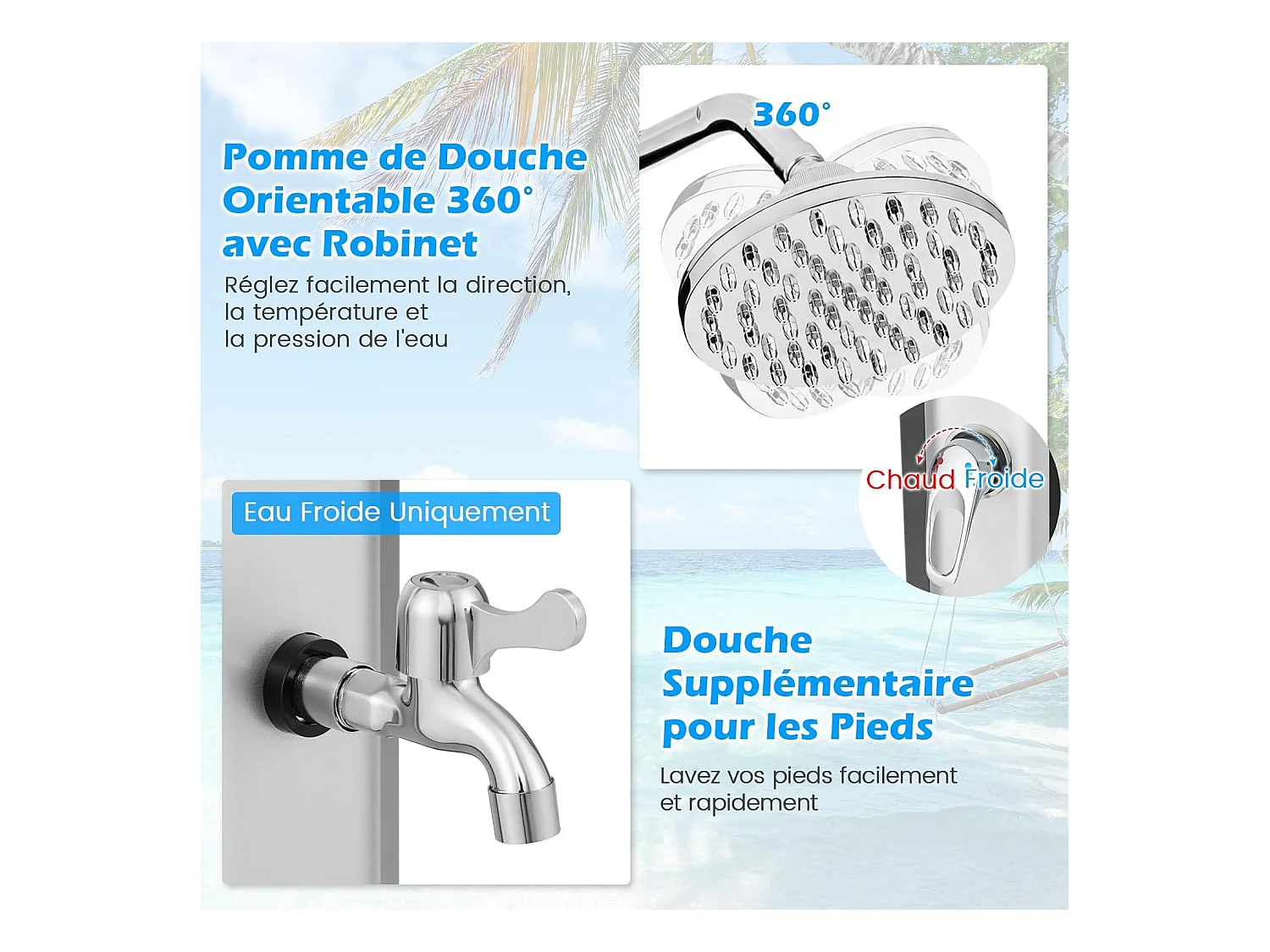 Douche Solaire d’Extérieur 60 L, Douche de Jardin à Chauffage 227 cm avec Pivotant Robinet pour Les Pieds Housse de Protection, pour Piscine Plage Jardin (Argenté)