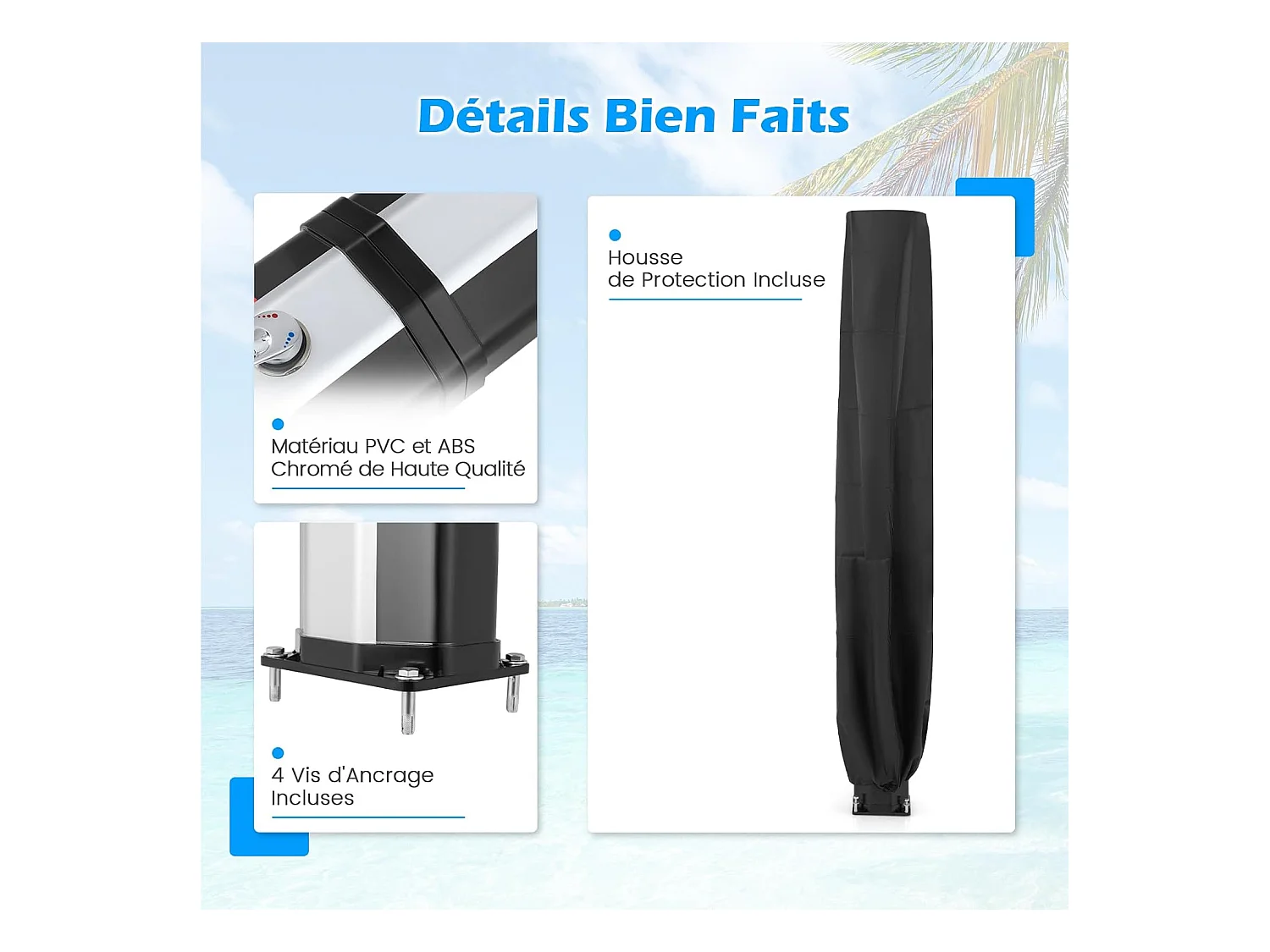 Douche Solaire d’Extérieur 60 L, Douche de Jardin à Chauffage 227 cm avec Pivotant Robinet pour Les Pieds Housse de Protection, pour Piscine Plage Jardin (Argenté)