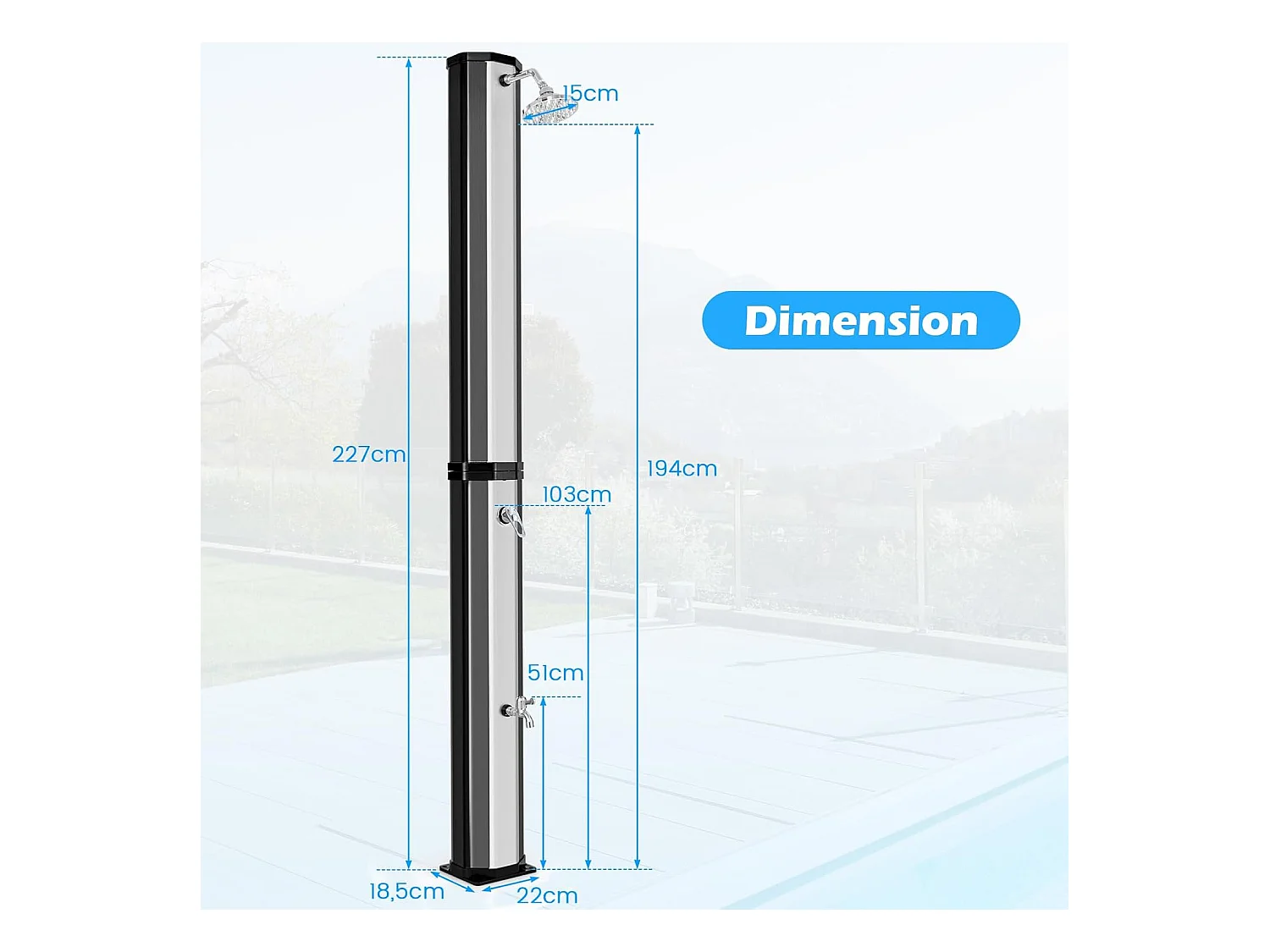 Douche Solaire d’Extérieur 60 L, Douche de Jardin à Chauffage 227 cm avec Pivotant Robinet pour Les Pieds Housse de Protection, pour Piscine Plage Jardin (Argenté)