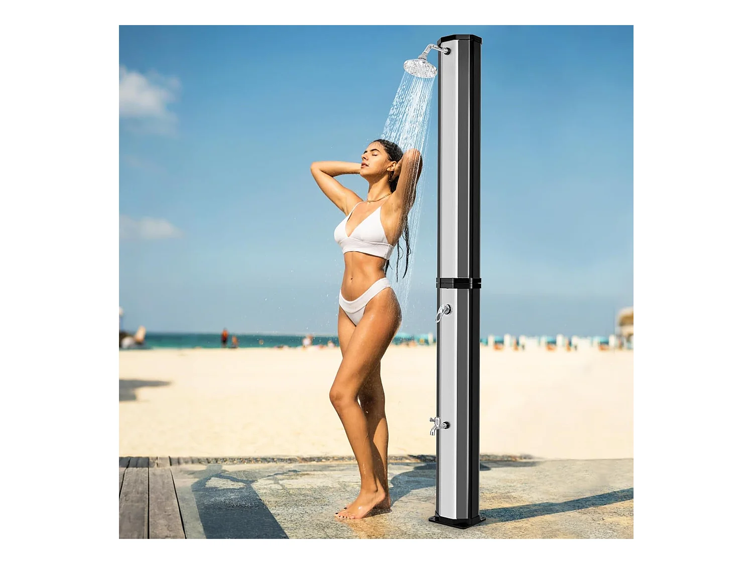 Douche Solaire d’Extérieur 60 L, Douche de Jardin à Chauffage 227 cm avec Pivotant Robinet pour Les Pieds Housse de Protection, pour Piscine Plage Jardin (Argenté)