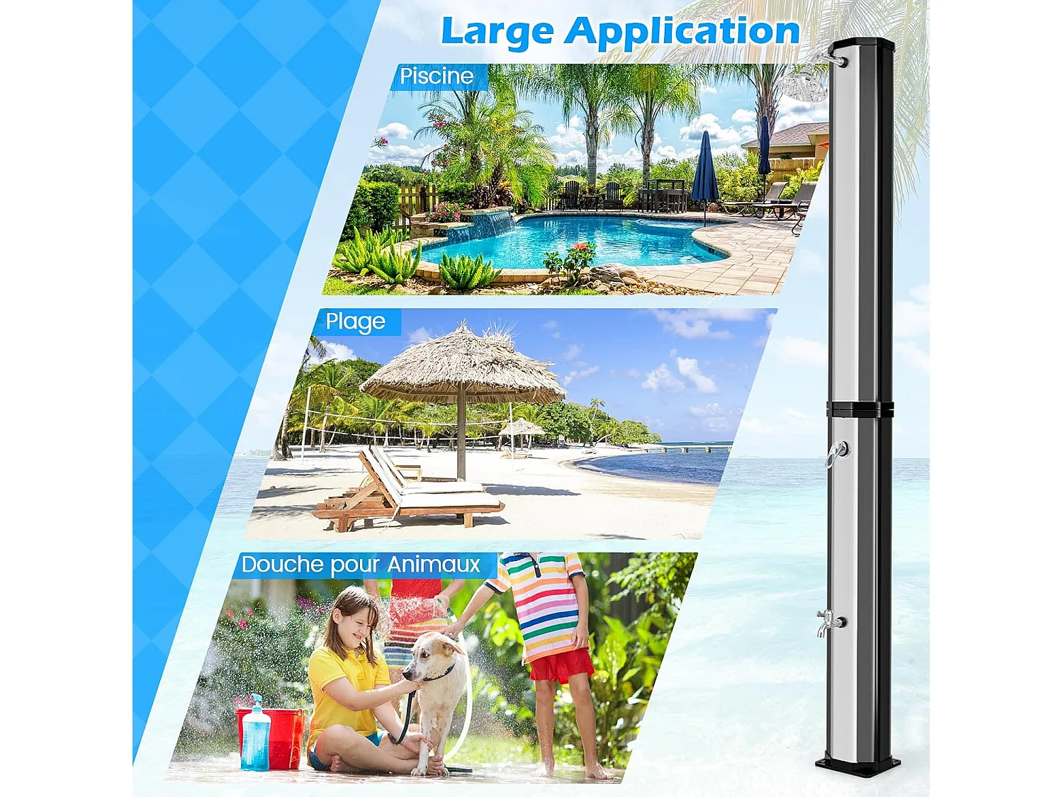 Douche Solaire d’Extérieur 60 L, Douche de Jardin à Chauffage 227 cm avec Pivotant Robinet pour Les Pieds Housse de Protection, pour Piscine Plage Jardin (Argenté)