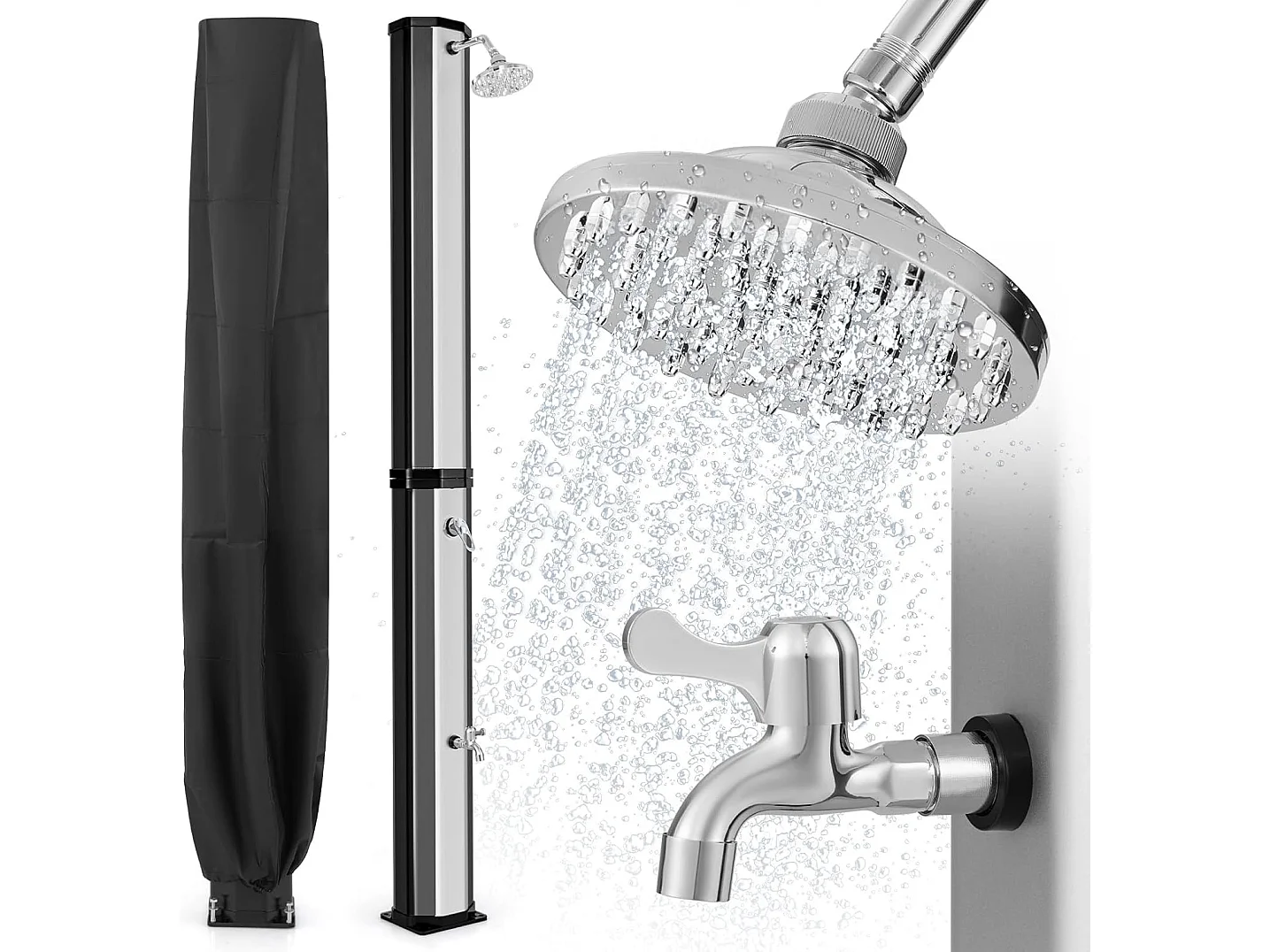Douche Solaire d’Extérieur 60 L, Douche de Jardin à Chauffage 227 cm avec Pivotant Robinet pour Les Pieds Housse de Protection, pour Piscine Plage Jardin (Argenté)