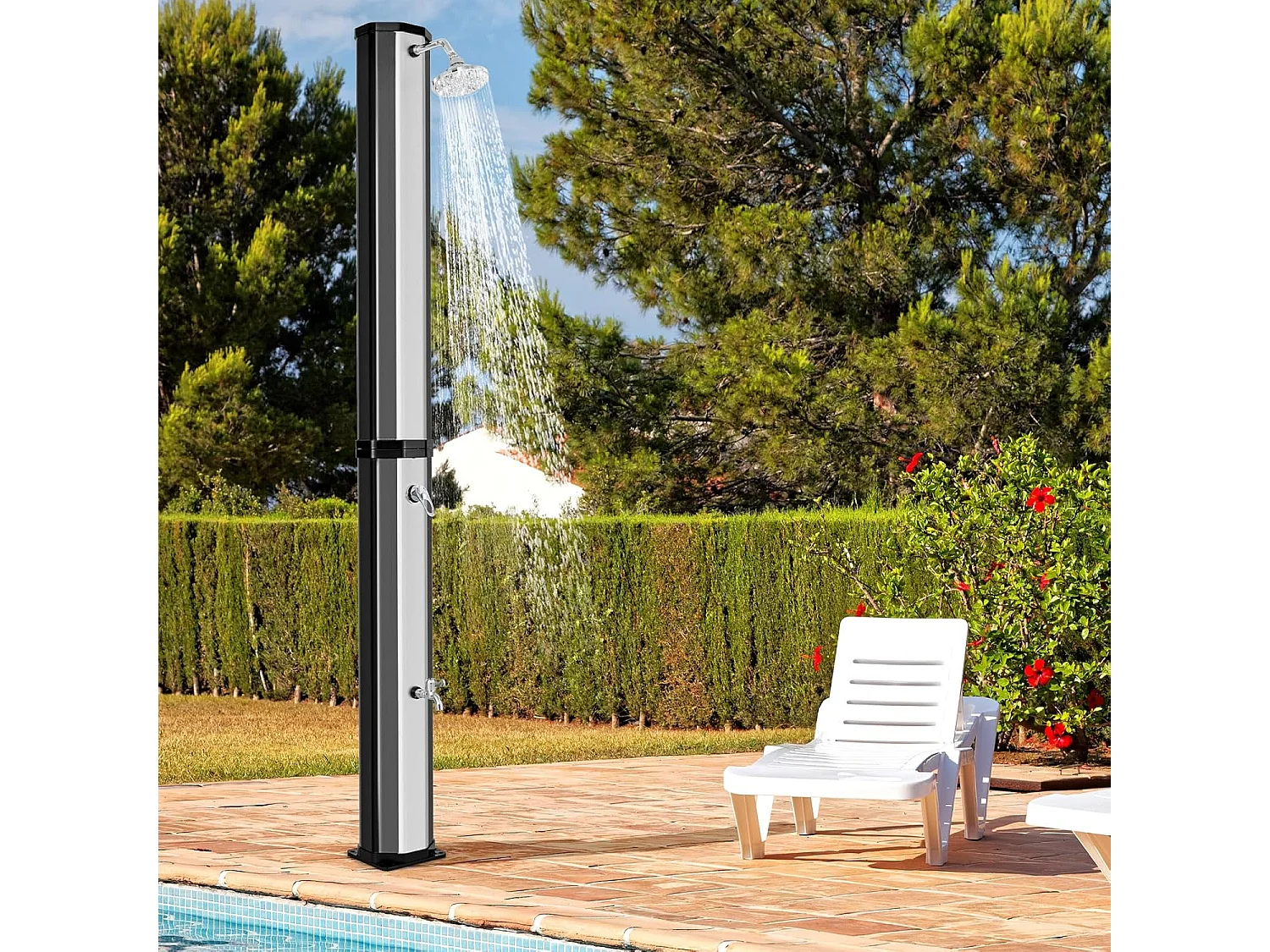 Douche Solaire d’Extérieur 60 L, Douche de Jardin à Chauffage 227 cm avec Pivotant Robinet pour Les Pieds Housse de Protection, pour Piscine Plage Jardin (Argenté)