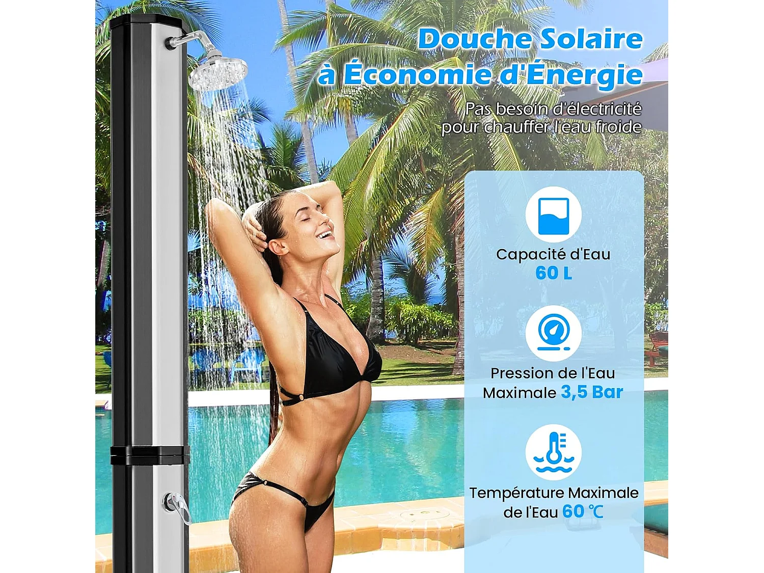 Douche Solaire d’Extérieur 60 L, Douche de Jardin à Chauffage 227 cm avec Pivotant Robinet pour Les Pieds Housse de Protection, pour Piscine Plage Jardin (Argenté)
