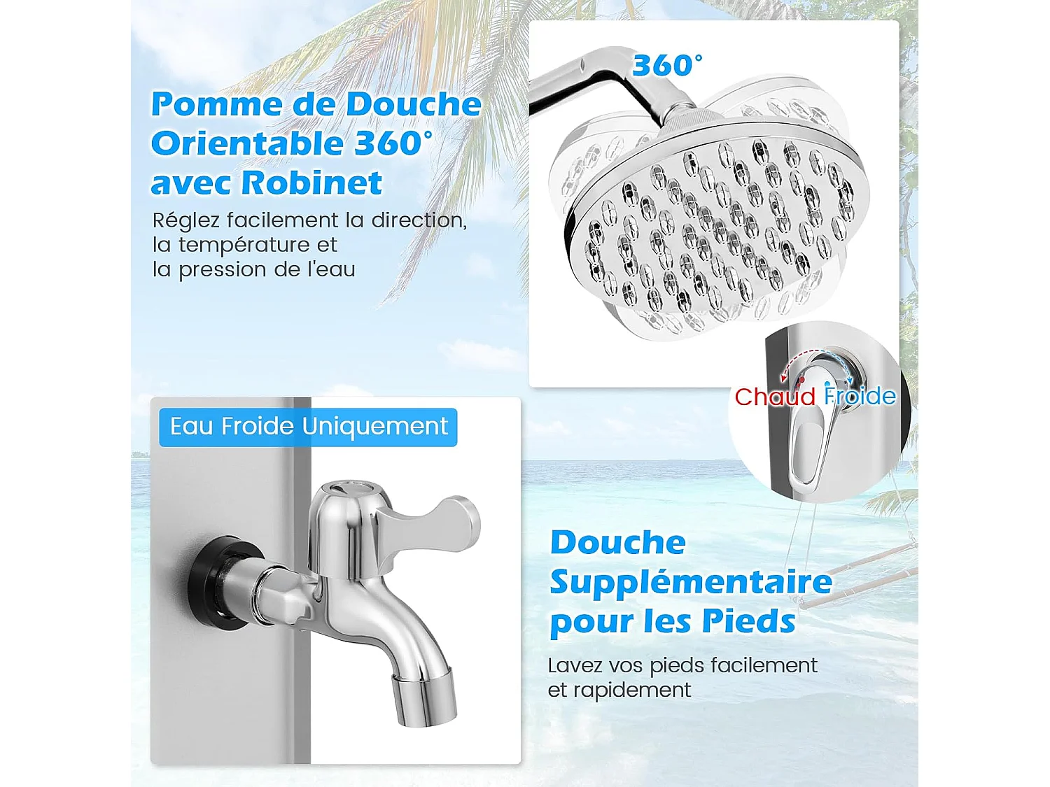 Douche Solaire d’Extérieur 60 L, Douche de Jardin à Chauffage 227 cm avec Pivotant Robinet pour Les Pieds Housse de Protection, pour Piscine Plage Jardin (Argenté)