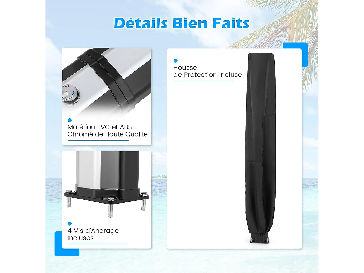 Douche Solaire d’Extérieur 60 L, Douche de Jardin à Chauffage 227 cm avec Pivotant Robinet pour Les Pieds Housse de Protection, pour Piscine Plage Jardin (Argenté)