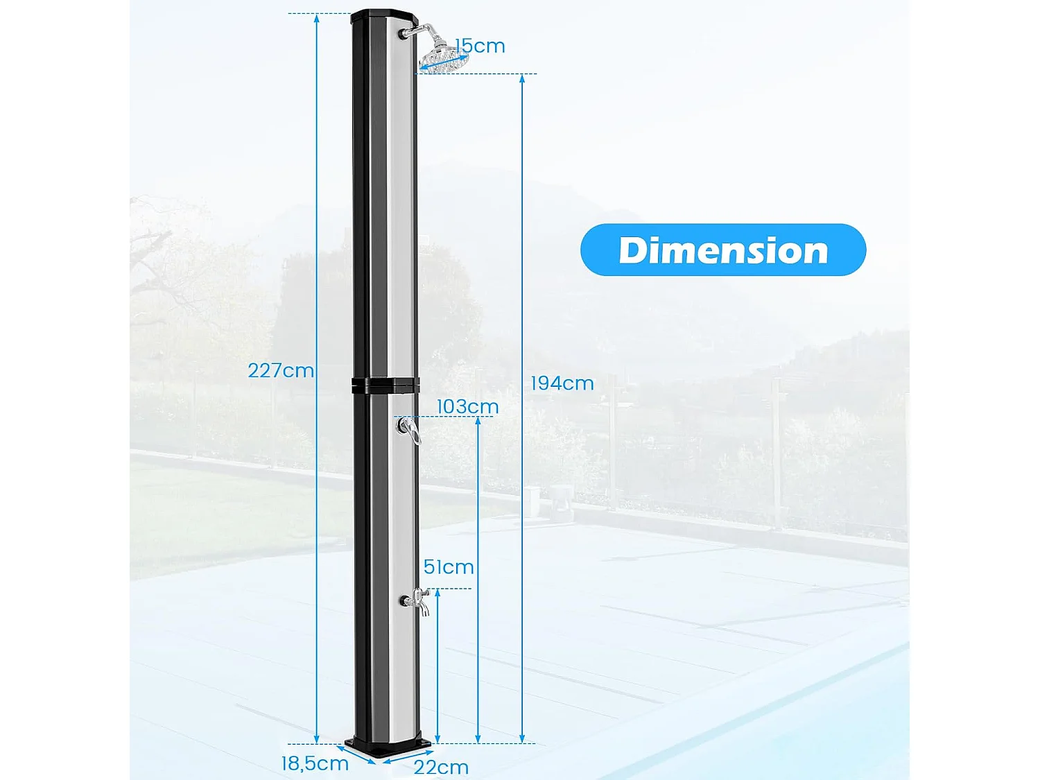 Douche Solaire d’Extérieur 60 L, Douche de Jardin à Chauffage 227 cm avec Pivotant Robinet pour Les Pieds Housse de Protection, pour Piscine Plage Jardin (Argenté)