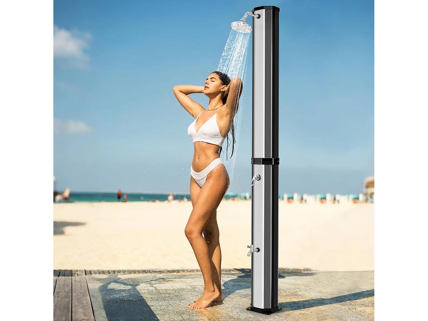 Douche Solaire d’Extérieur 60 L, Douche de Jardin à Chauffage 227 cm avec Pivotant Robinet pour Les Pieds Housse de Protection, pour Piscine Plage Jardin (Argenté)