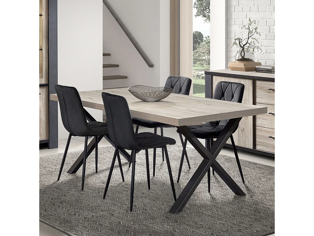 Table repas 200cm plateau aspect bois clair pieds X métal noir - BEACH