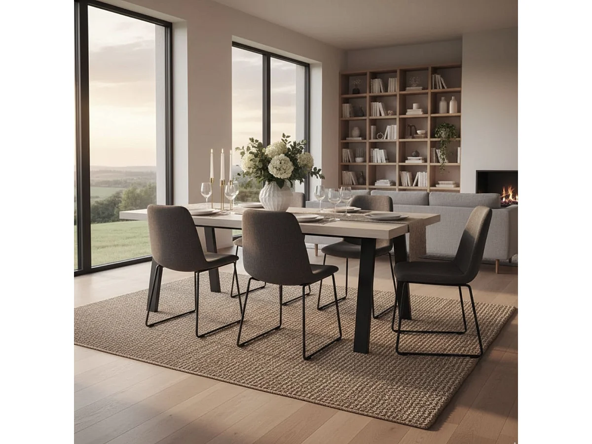 Table repas 200cm plateau aspect bois clair pieds U métal noir - BEACH