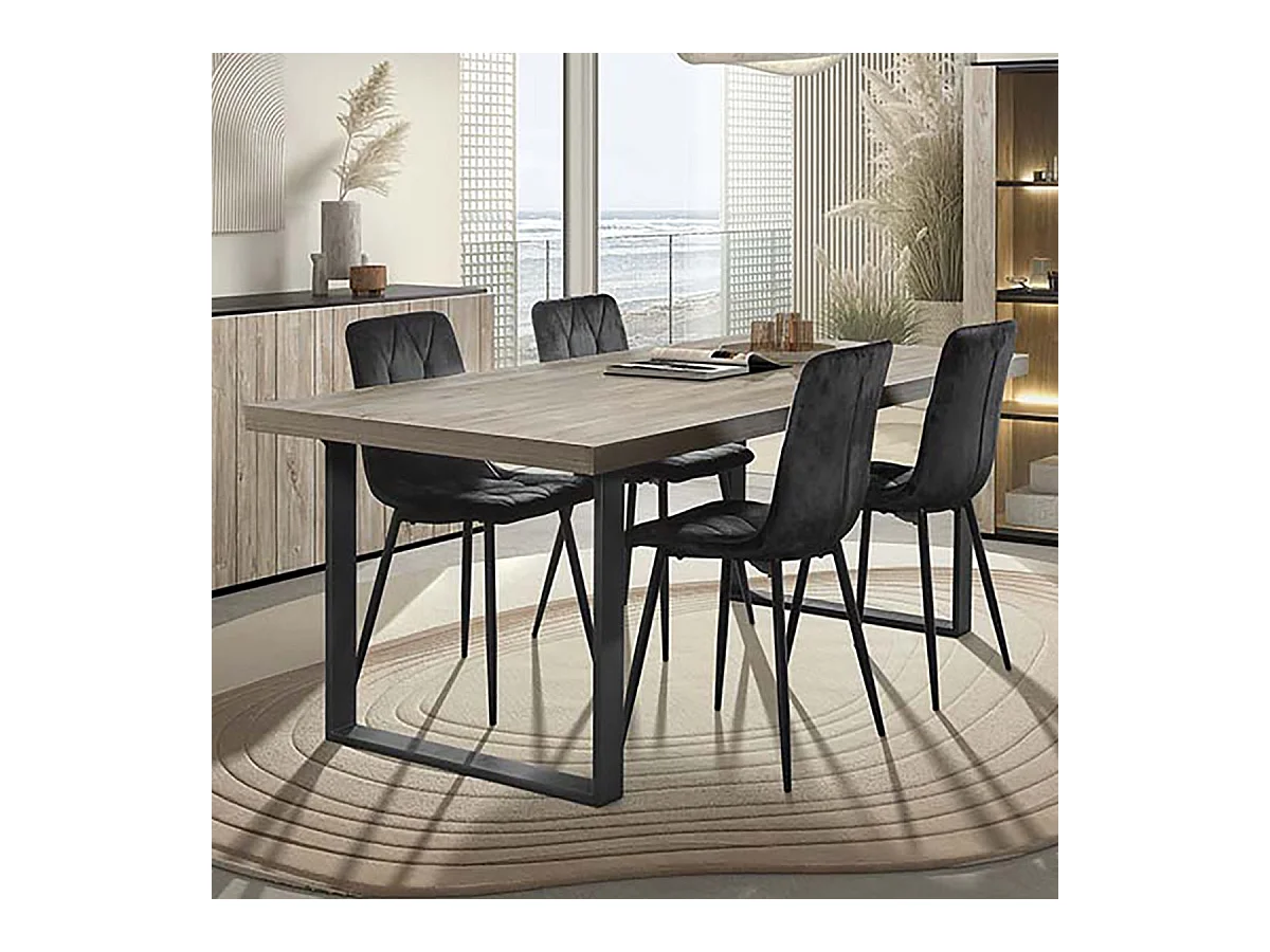 Table repas 200cm plateau aspect bois clair pieds A métal noir - BEACH
