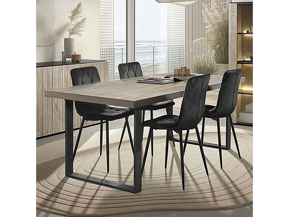 Table repas 200cm plateau aspect bois clair pieds U métal noir - BEACH
