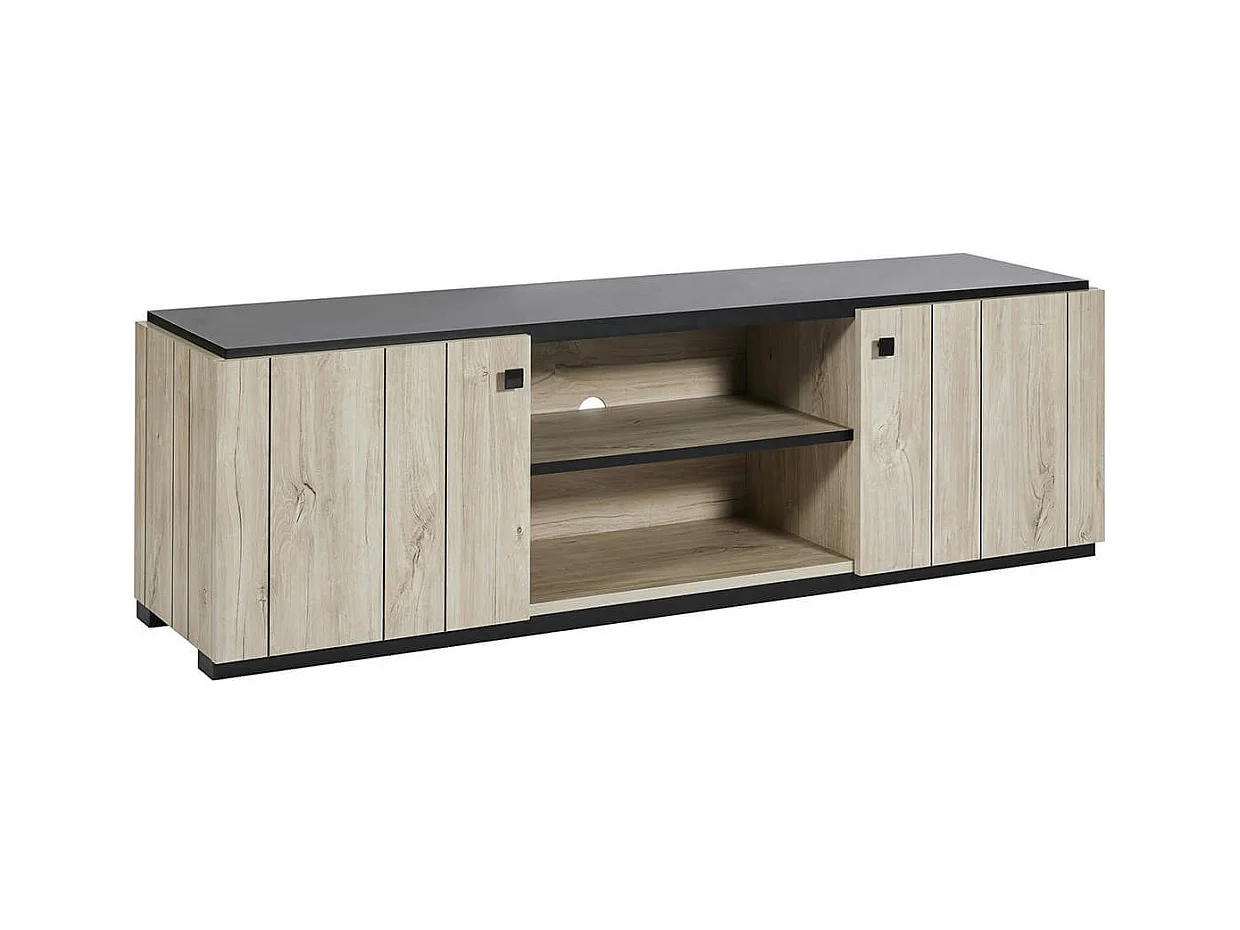Meuble TV 2 portes aspect lames de bois finition Beach et plateau noir - THOMAS