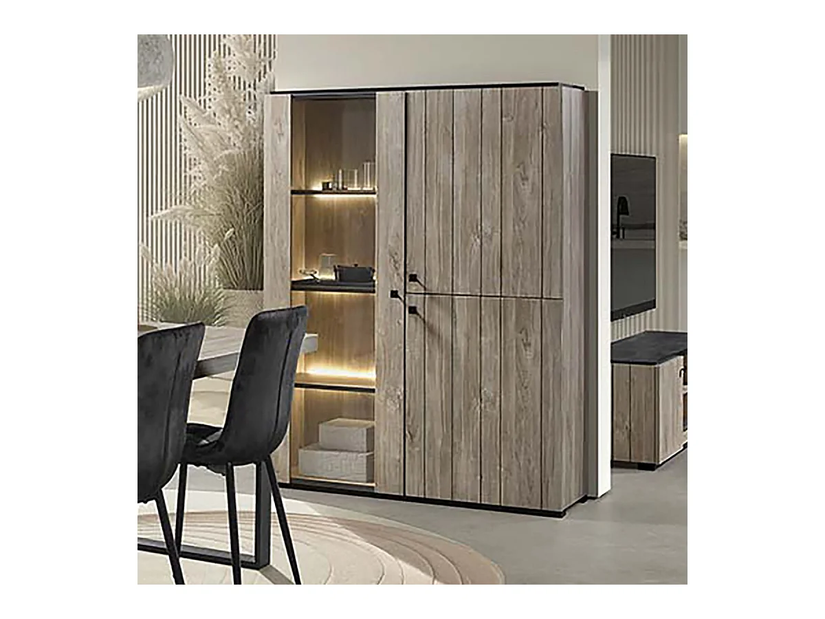 Meuble TV 2 portes aspect lames de bois finition Beach et plateau noir - THOMAS