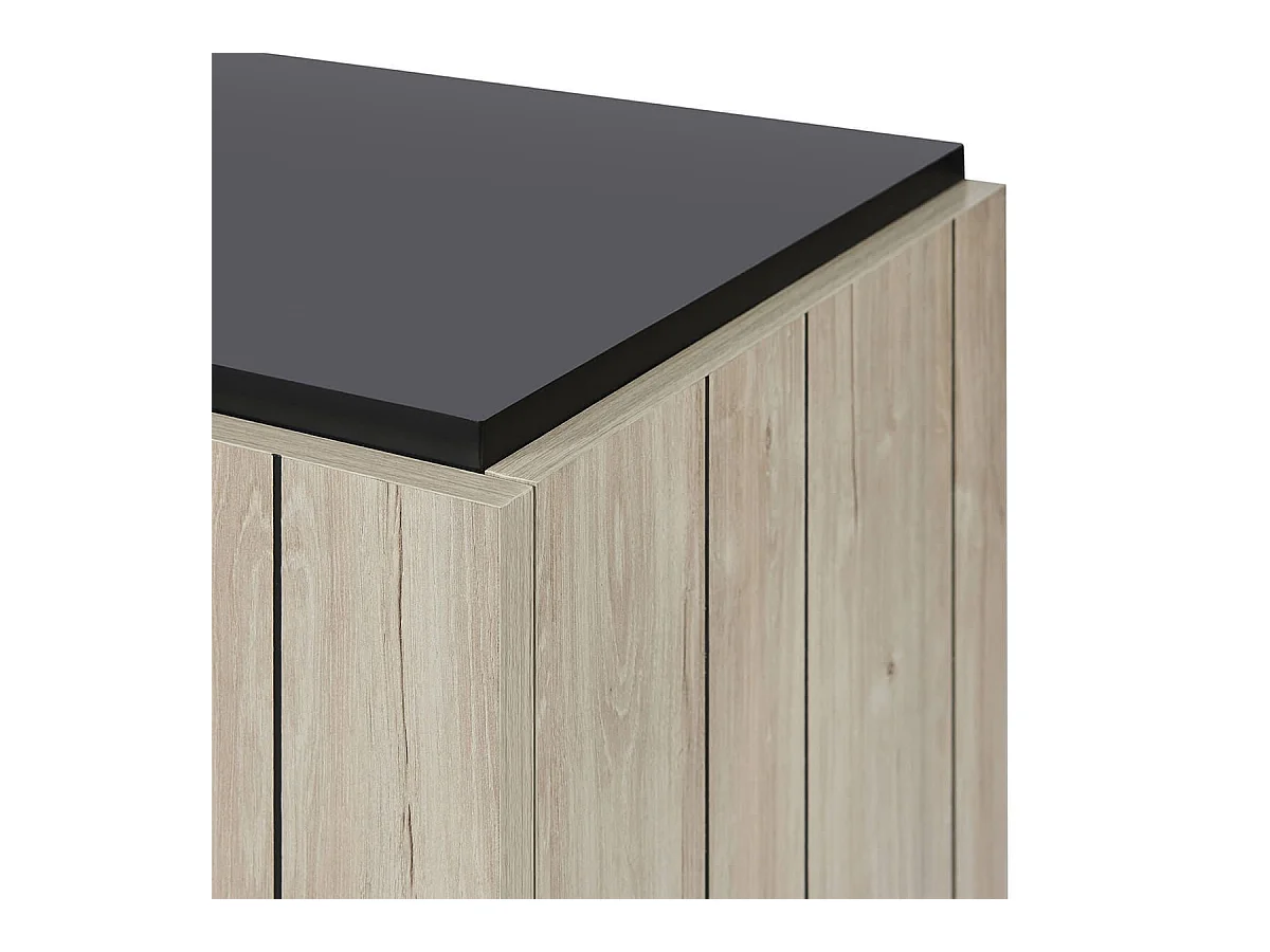 Meuble TV 2 portes aspect lames de bois finition Beach et plateau noir - THOMAS