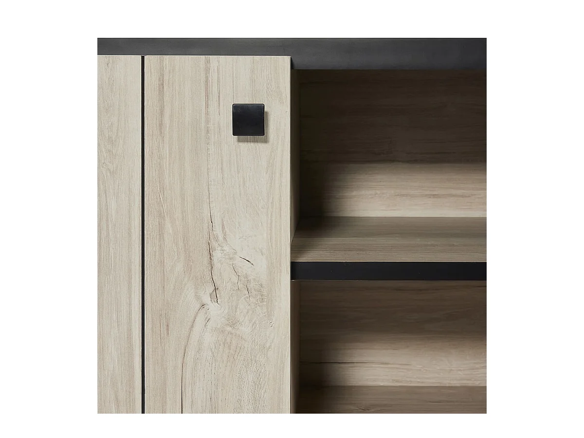 Meuble TV 2 portes aspect lames de bois finition Beach et plateau noir - THOMAS