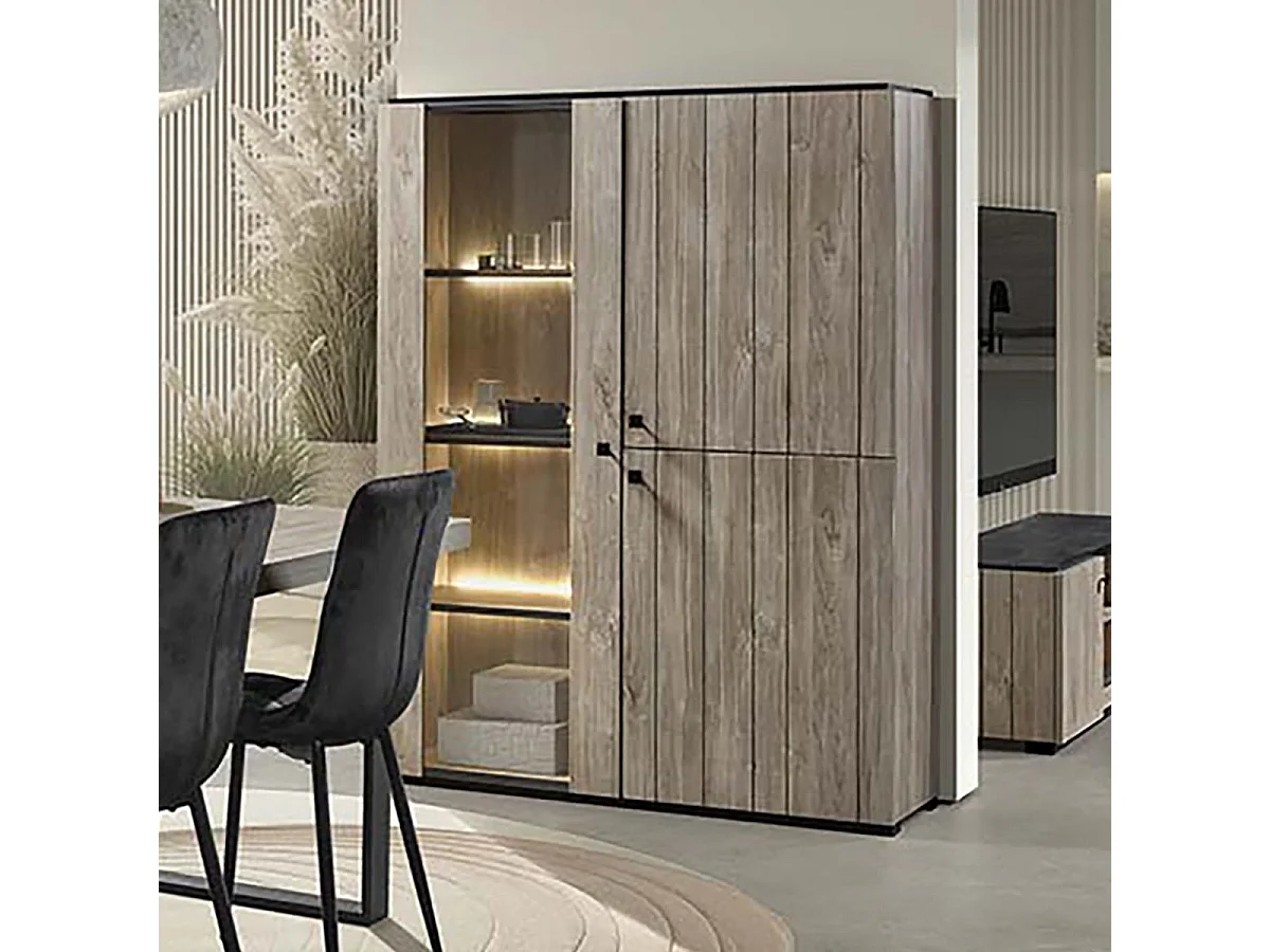 Meuble TV 2 portes aspect lames de bois finition Beach et plateau noir - THOMAS