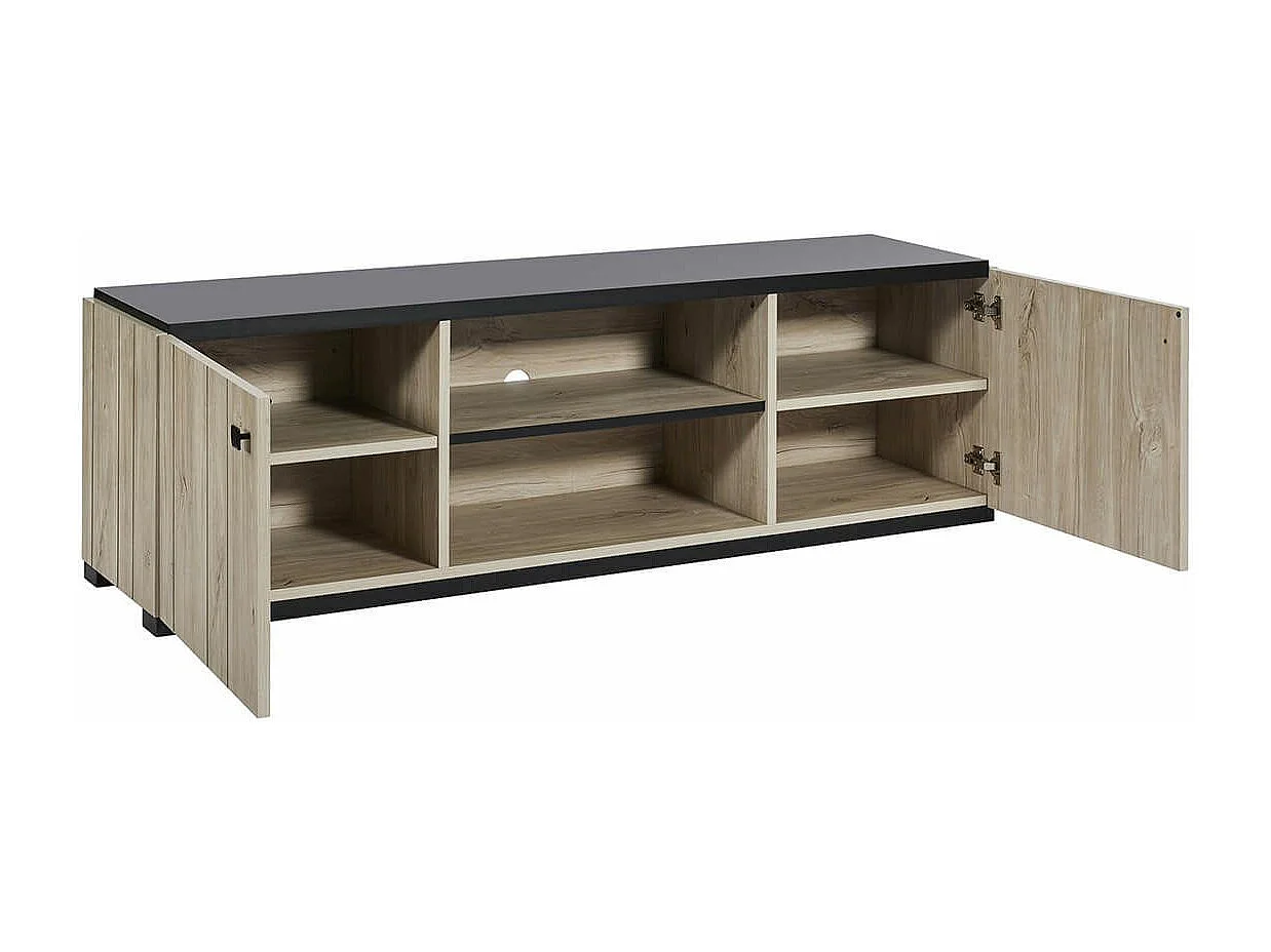 Meuble TV 2 portes aspect lames de bois finition Beach et plateau noir - THOMAS