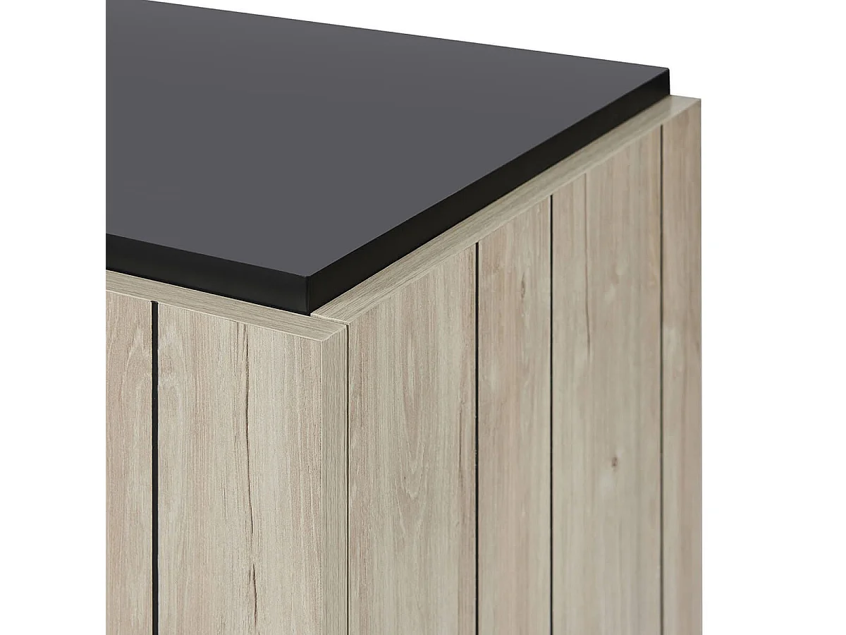 Meuble TV 2 portes aspect lames de bois finition Beach et plateau noir - THOMAS