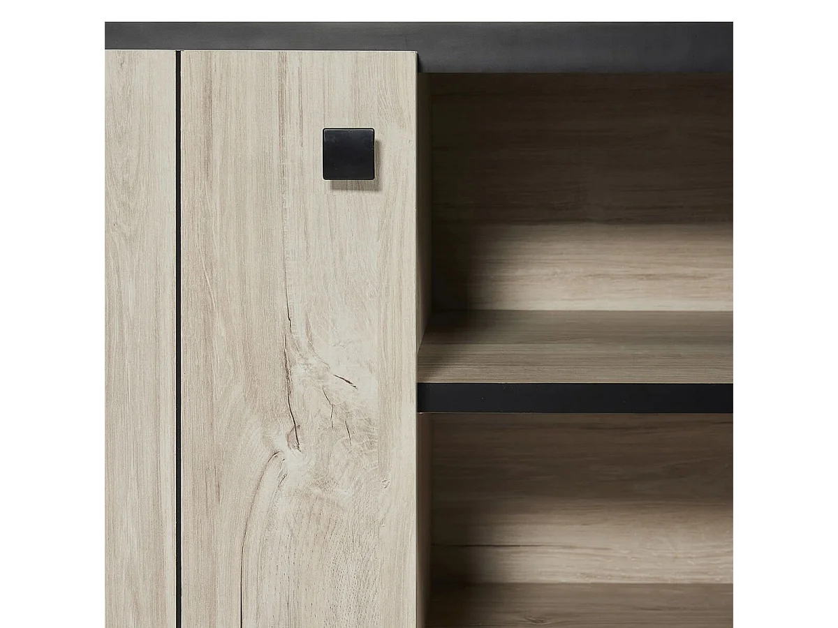 Meuble TV 2 portes aspect lames de bois finition Beach et plateau noir - THOMAS