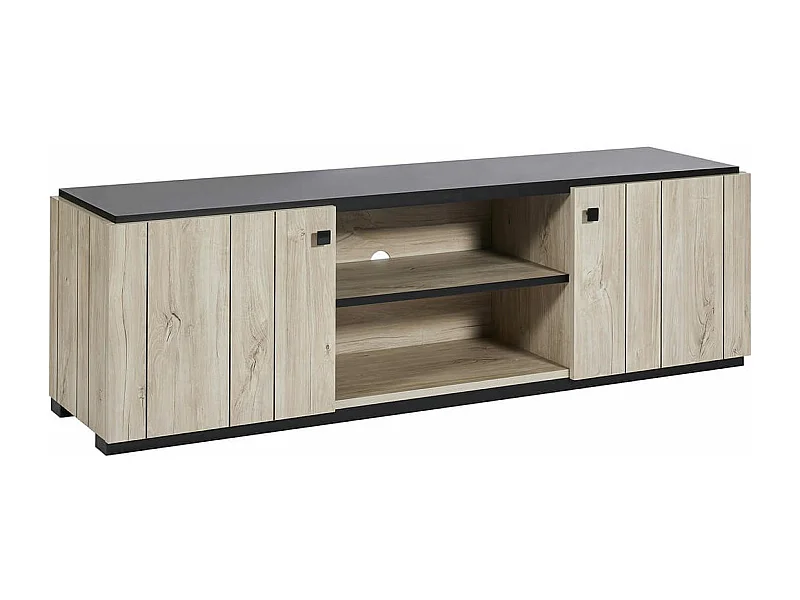 Meuble TV 2 portes aspect lames de bois finition Beach et plateau noir - THOMAS