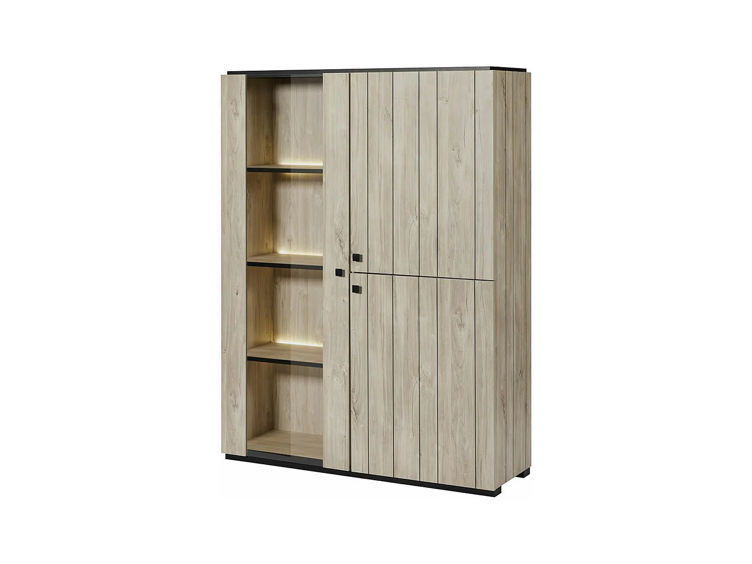 Argentier 3 portes dont 1 vitrée avec Leds aspect lames de bois finition Beach - THOMAS