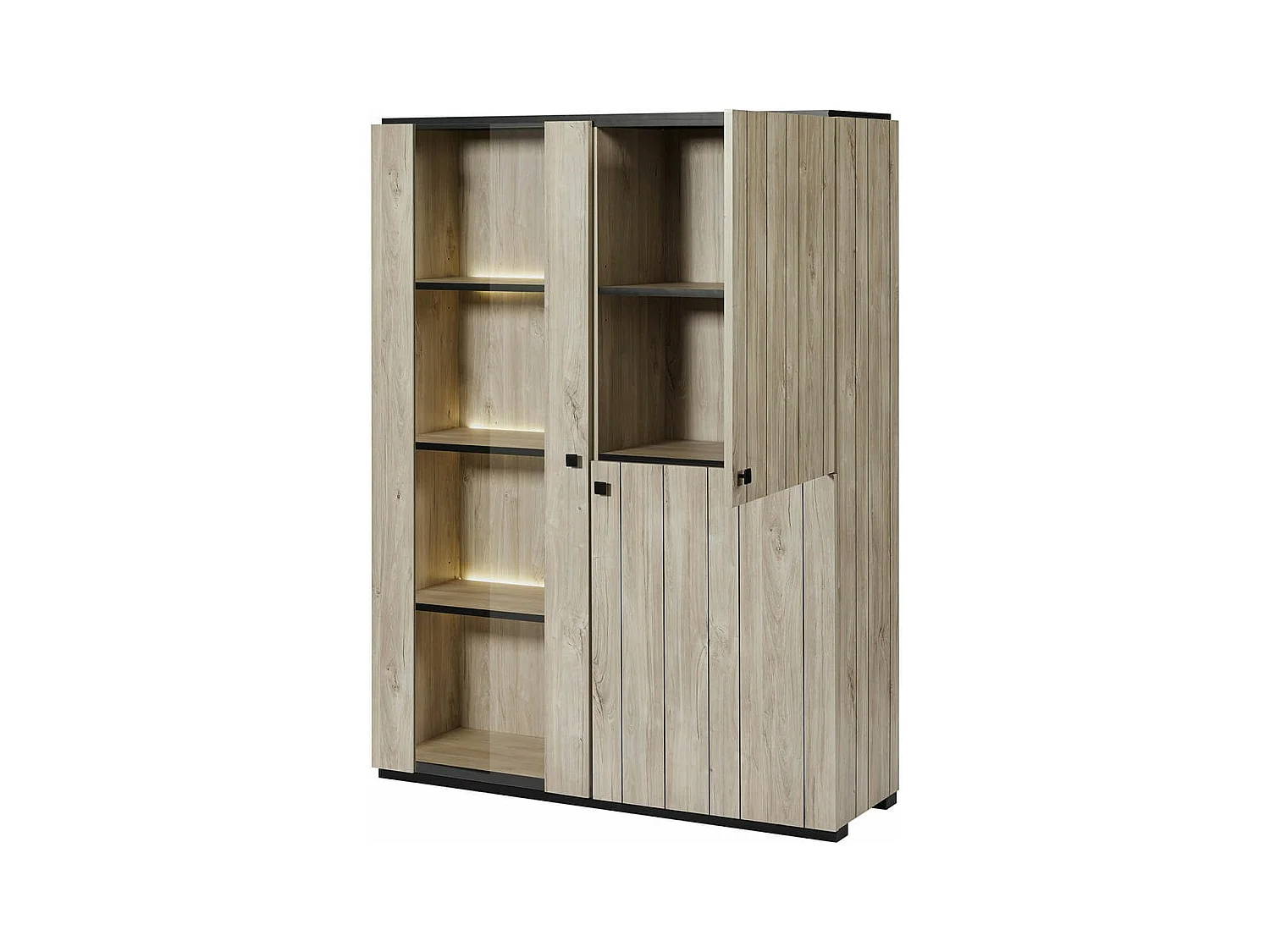 Argentier 3 portes dont 1 vitrée avec Leds aspect lames de bois finition Beach - THOMAS