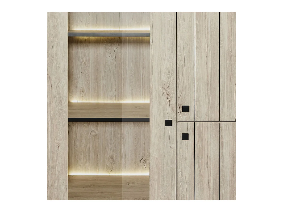 Argentier 3 portes dont 1 vitrée avec Leds aspect lames de bois finition Beach - THOMAS