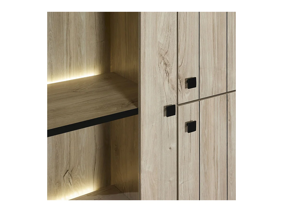 Argentier 3 portes dont 1 vitrée avec Leds aspect lames de bois finition Beach - THOMAS