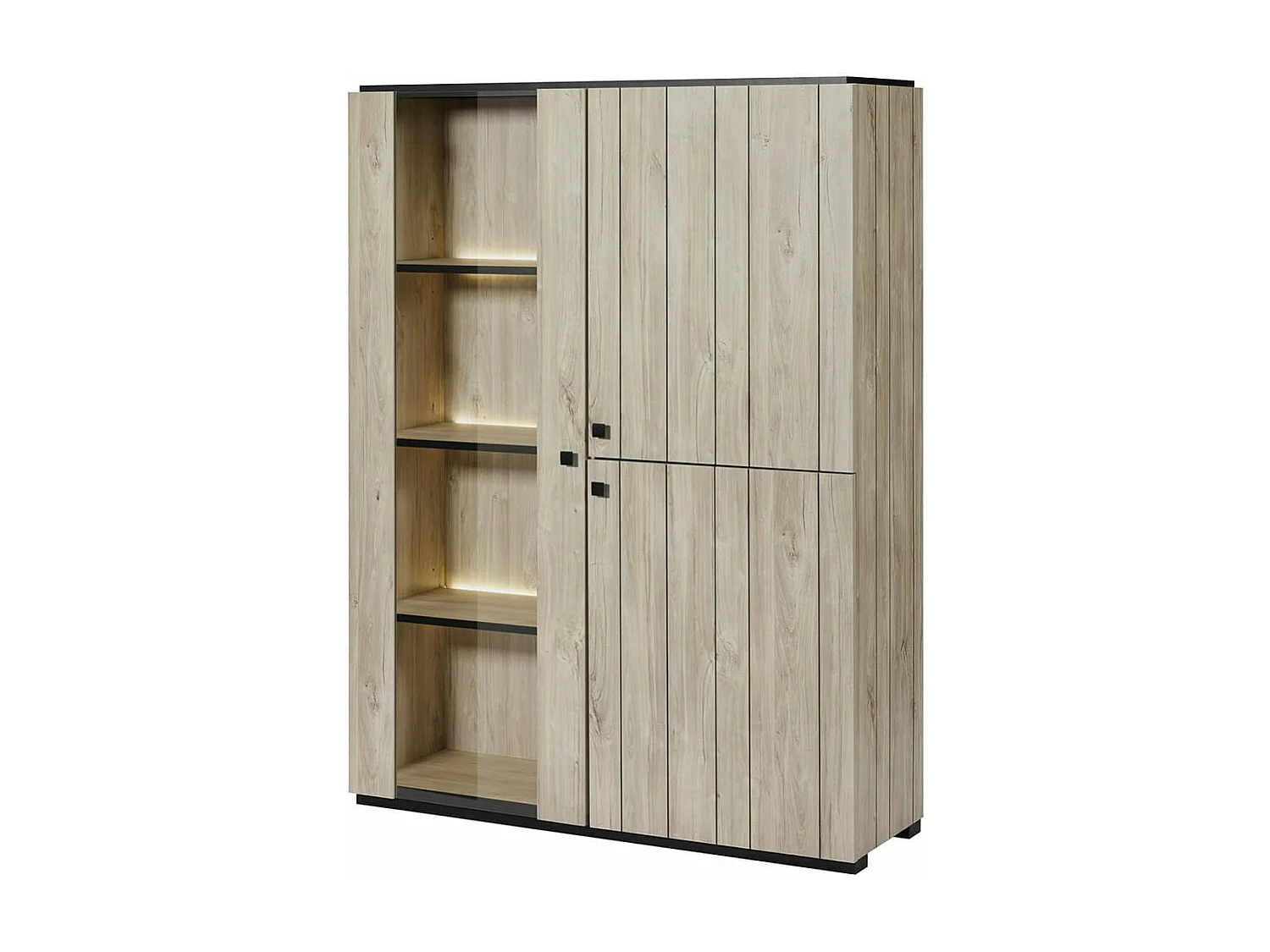 Argentier 3 portes dont 1 vitrée avec Leds aspect lames de bois finition Beach - THOMAS