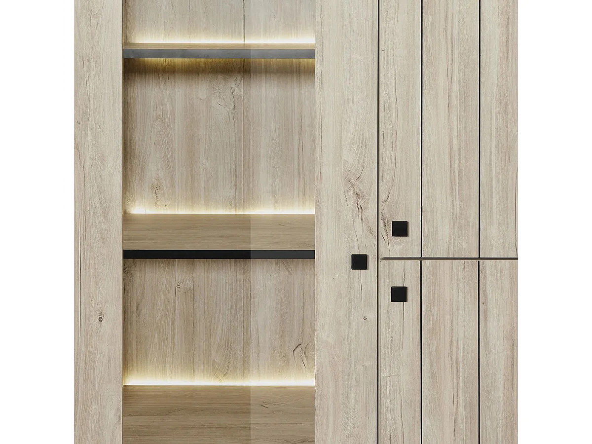 Argentier 3 portes dont 1 vitrée avec Leds aspect lames de bois finition Beach - THOMAS