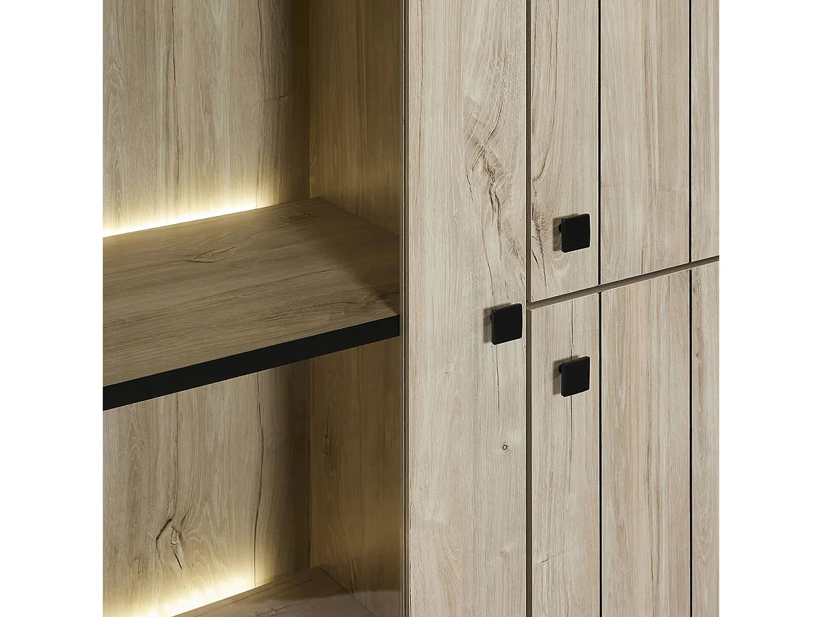 Argentier 3 portes dont 1 vitrée avec Leds aspect lames de bois finition Beach - THOMAS